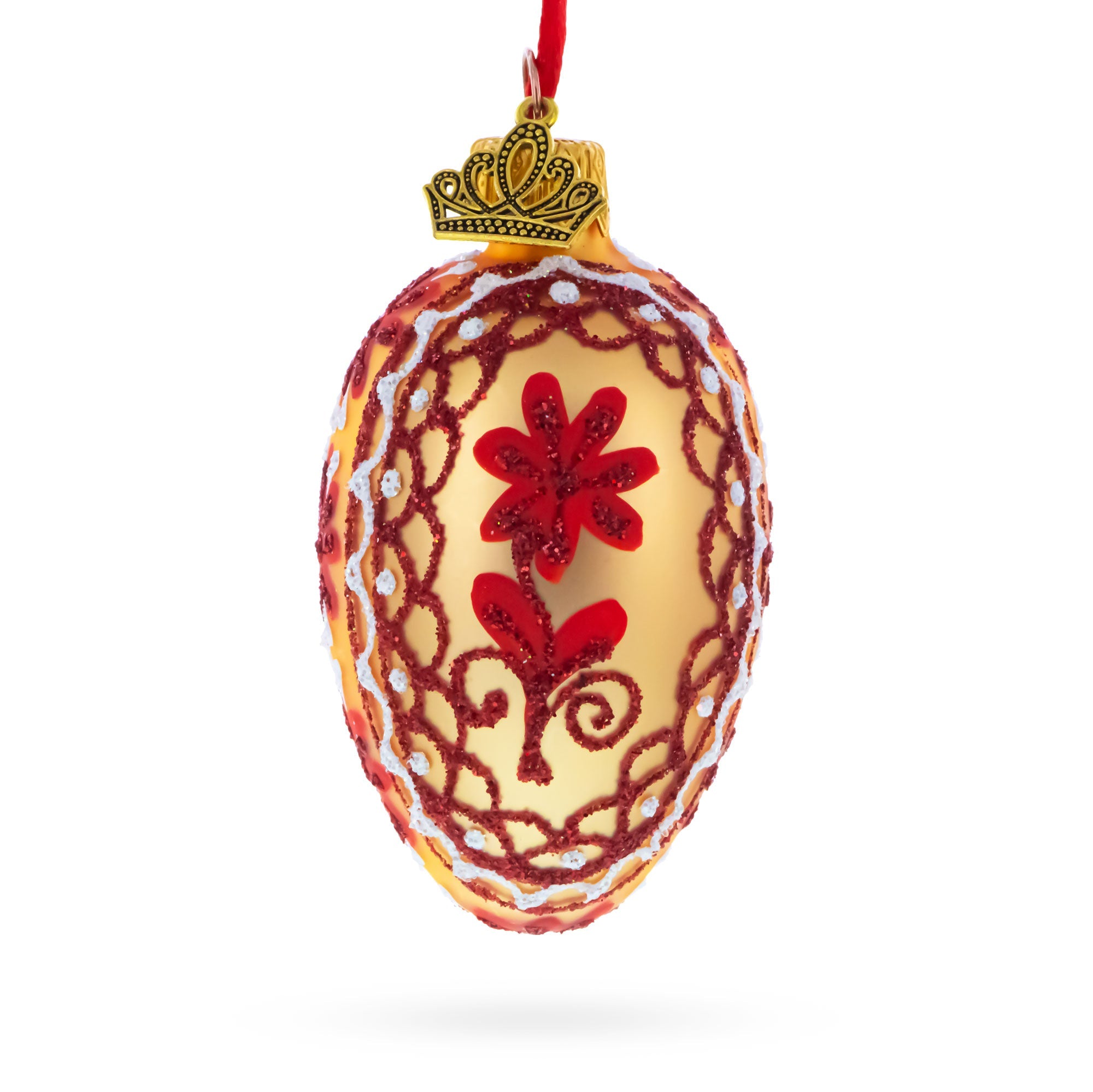 Cream with Red Floral and Lace Accents Mini Glass Egg Ornament 2.9 Inches