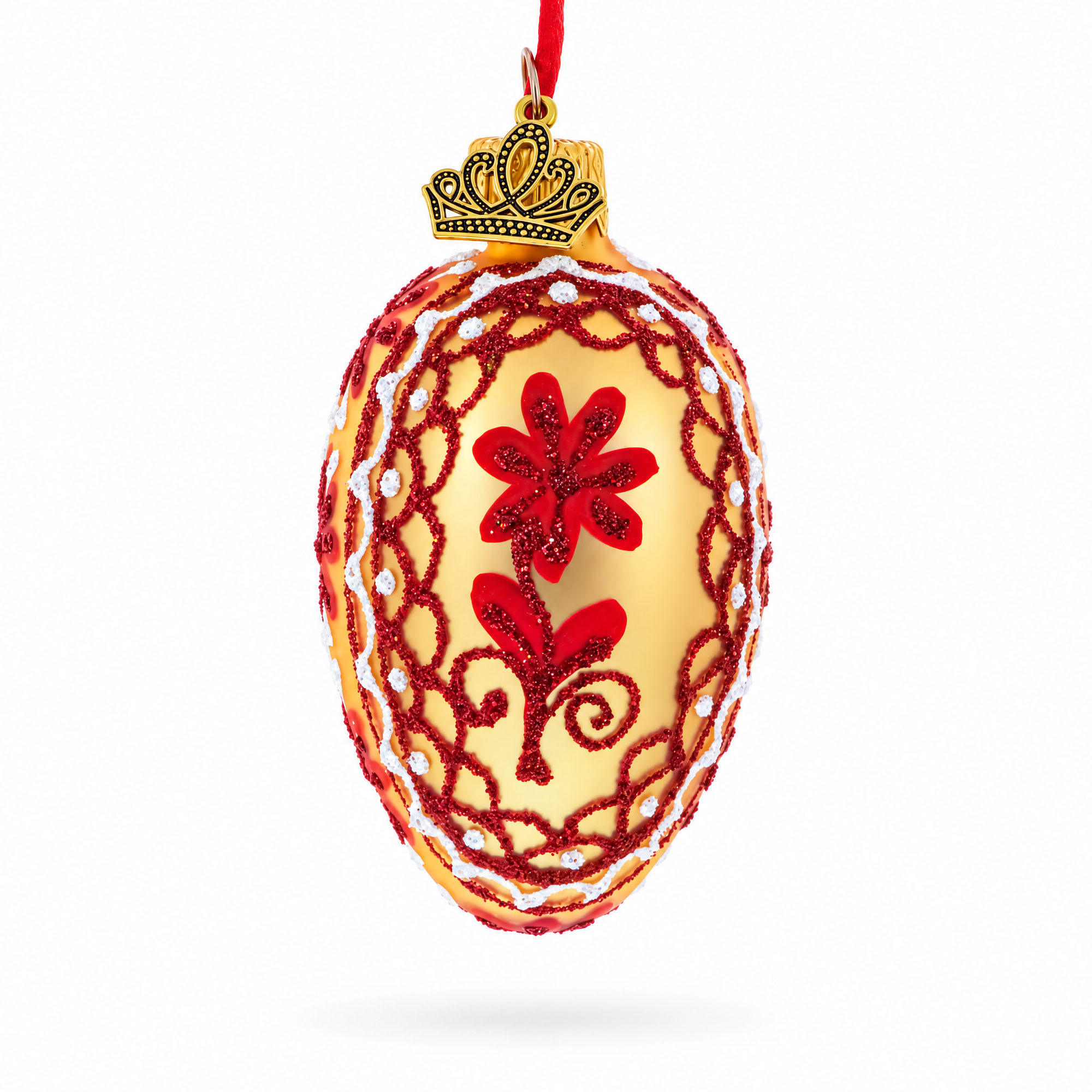 Cream with Red Floral and Lace Accents Mini Glass Egg Ornament 2.9 Inches