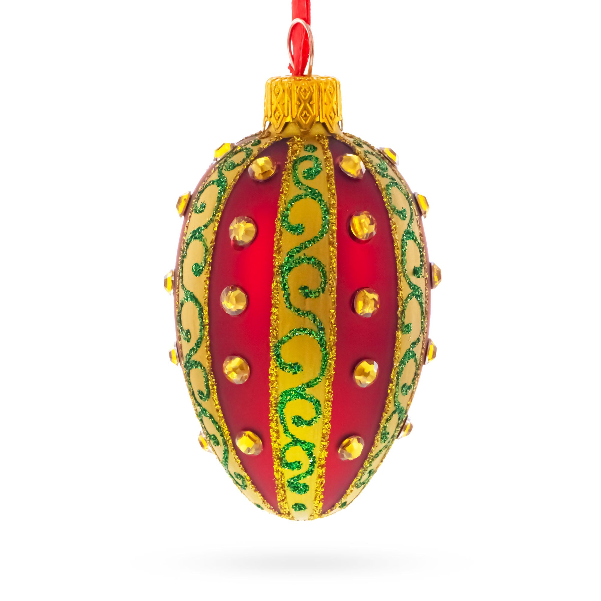 Red and Gold with Green Swirls and Jewel Accents Mini Glass Egg Ornament 2.9 Inches