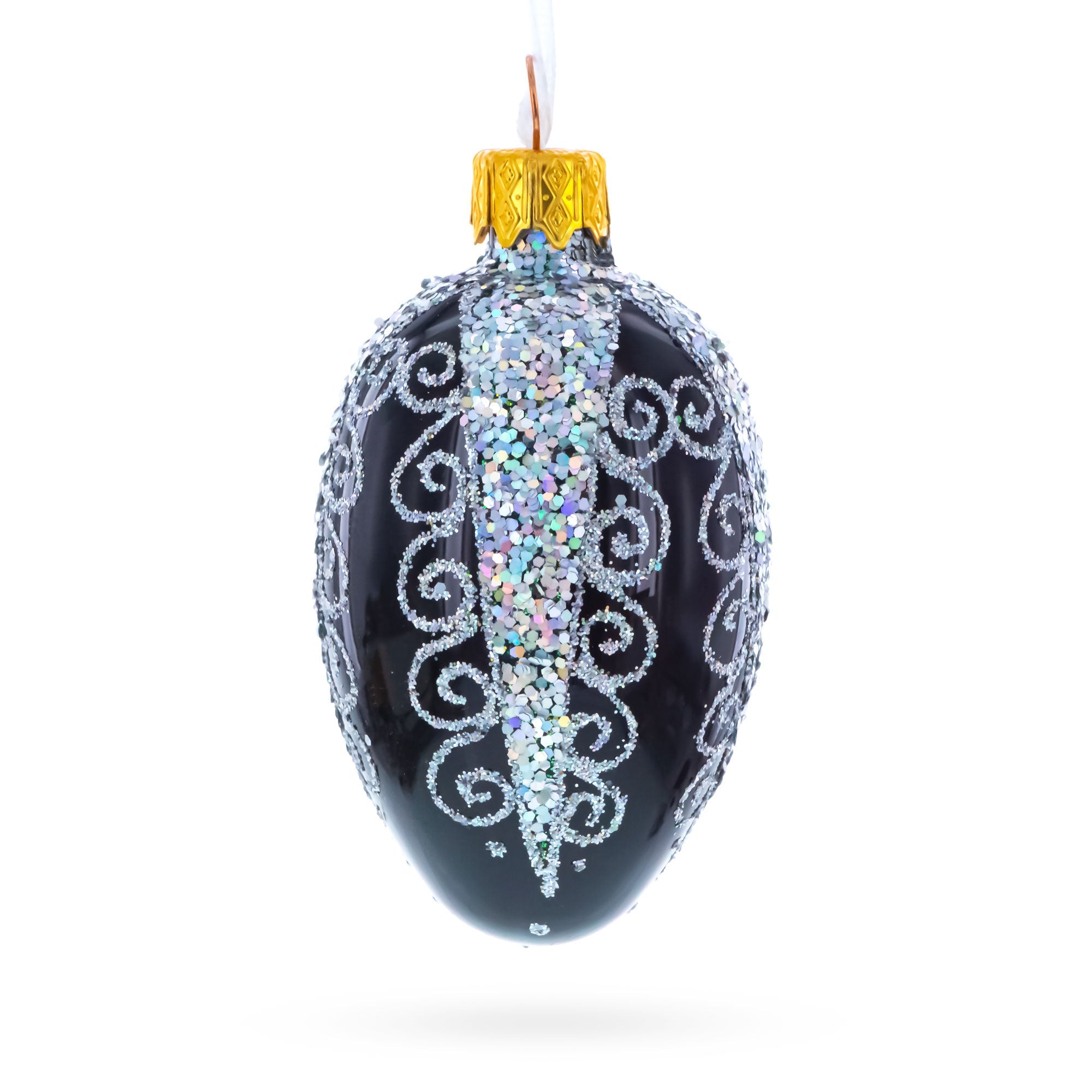 Black with Silver Glitter Swirls and Sequins Mini Glass Egg Ornament 2.9 Inches