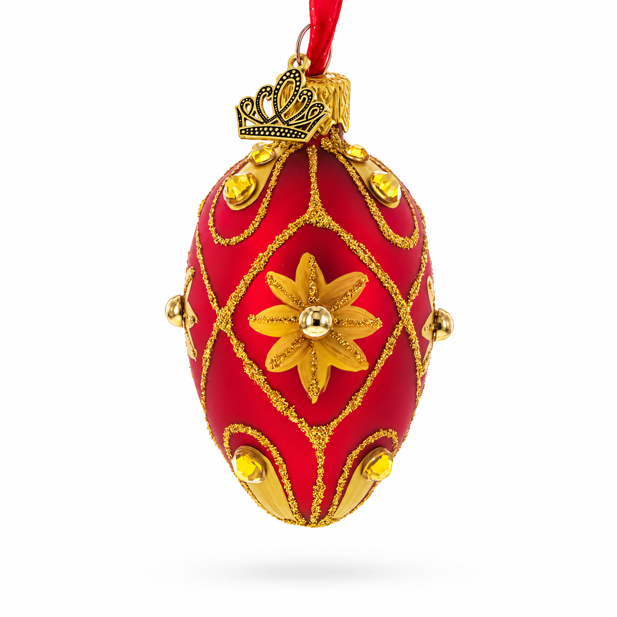 Red with Gold Floral and Jewel Accents Mini Glass Egg Ornament 2.9 Inches