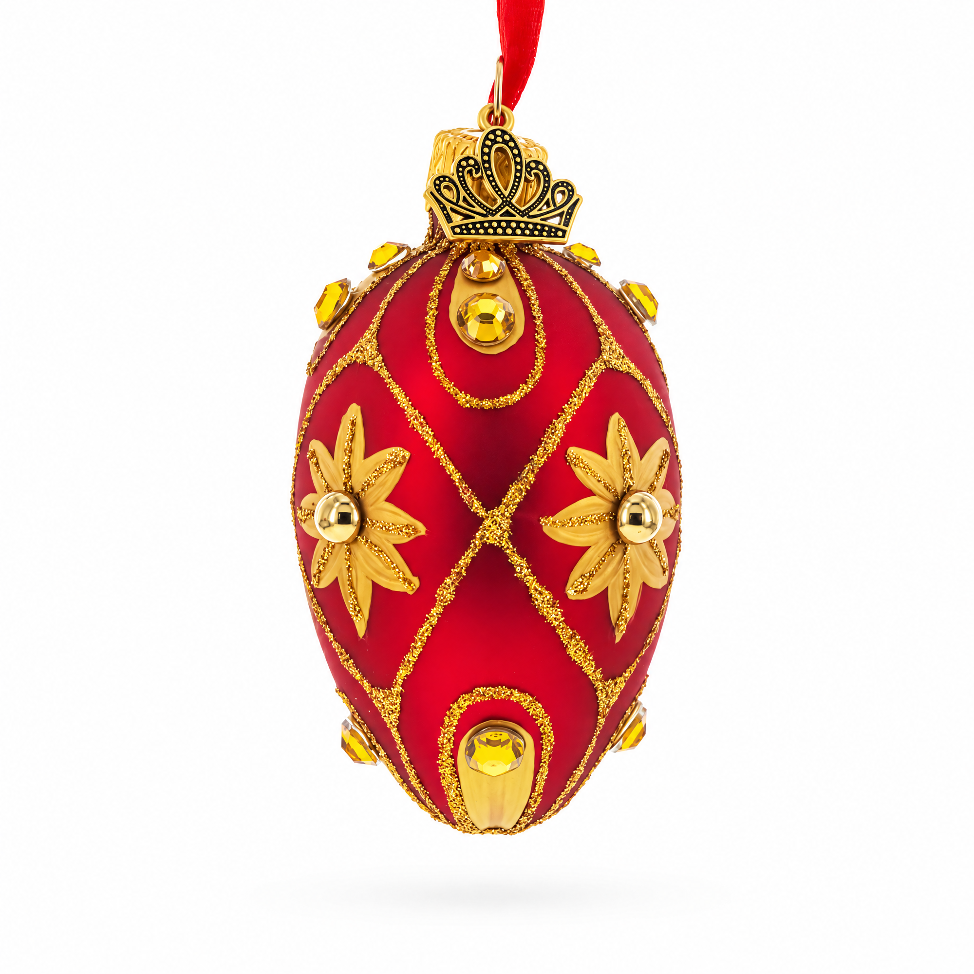 Red with Gold Floral and Jewel Accents Mini Glass Egg Ornament 2.9 Inches
