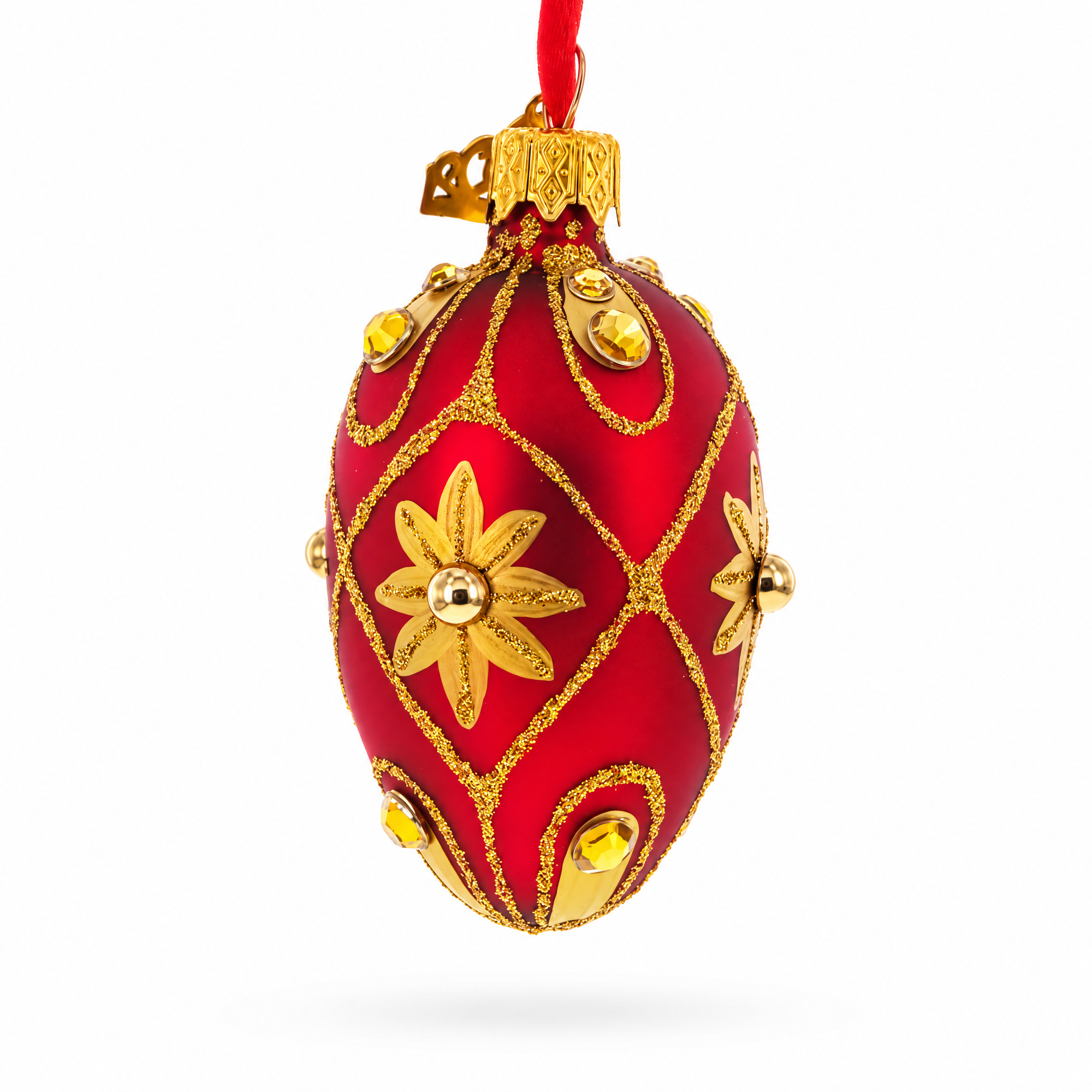 Red with Gold Floral and Jewel Accents Mini Glass Egg Ornament 2.9 Inches