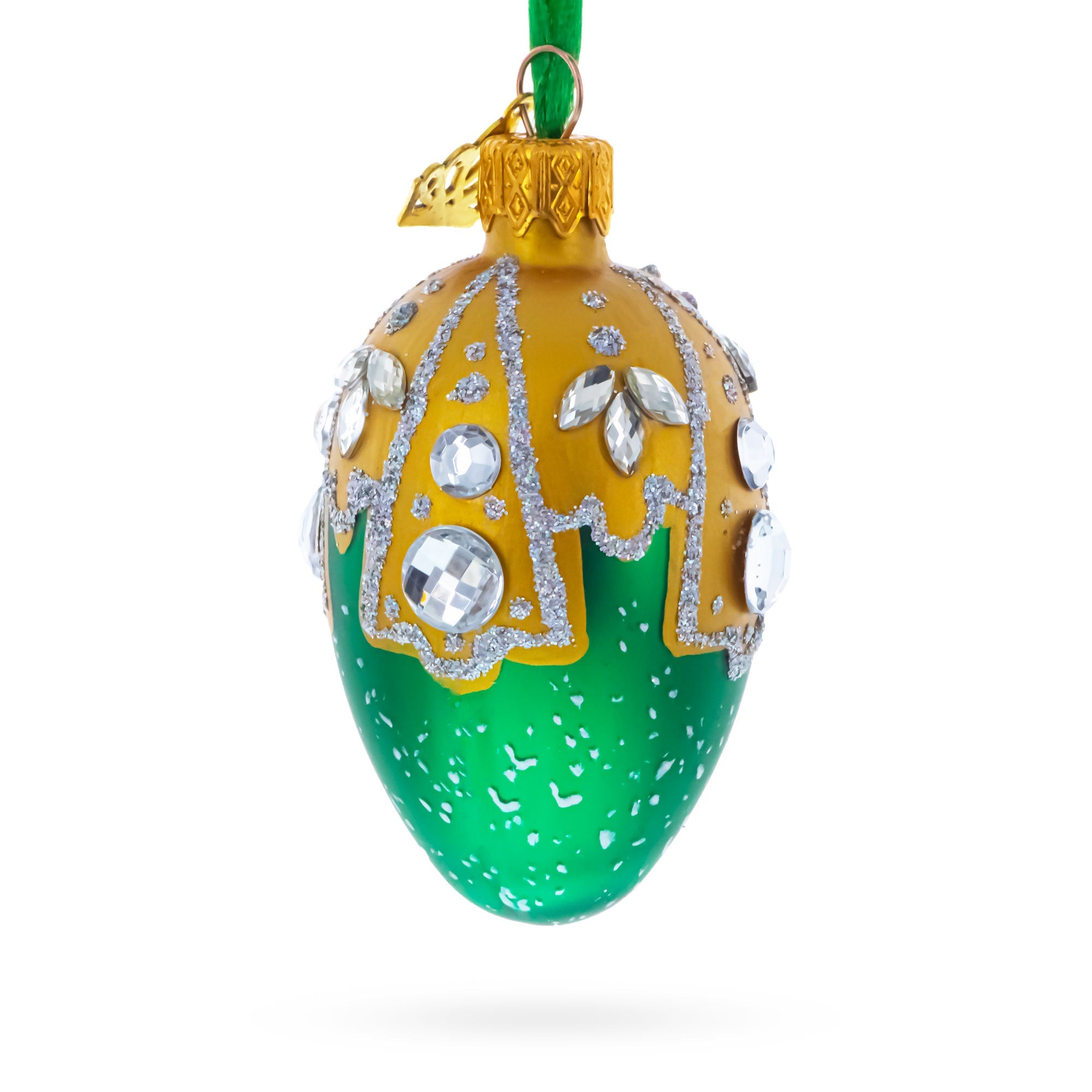 Green with Gold and Clear Jewel Accents Mini Glass Egg Ornament 2.9 Inches