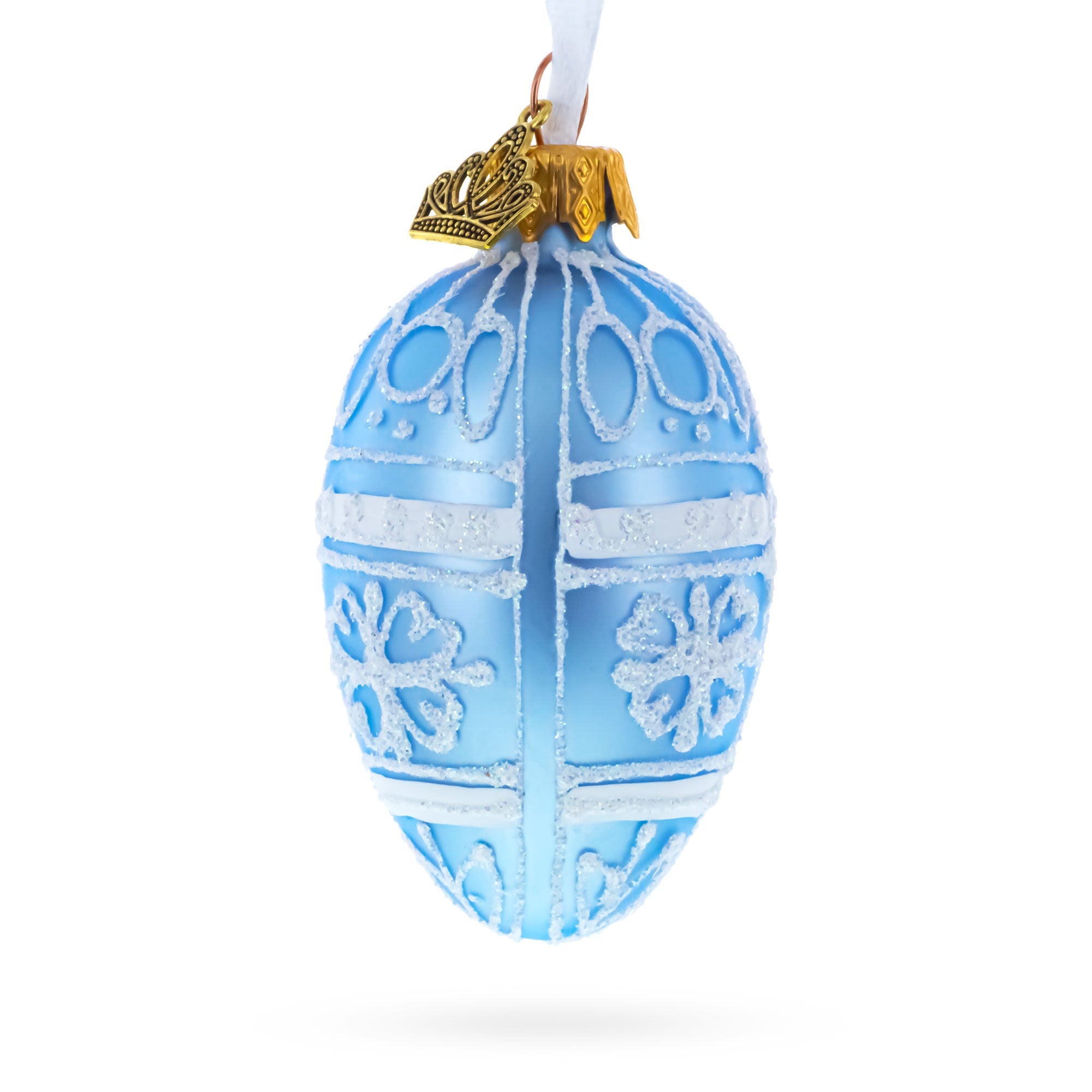 Frosted Blue with White Floral Pattern Mini Glass Egg Ornament 2.9 Inches