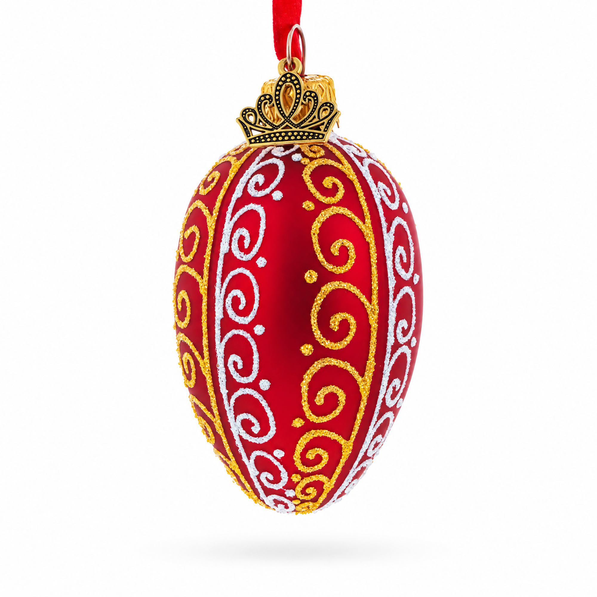 Red with Gold and White Swirl Design Mini Glass Egg Ornament 2.9 Inches