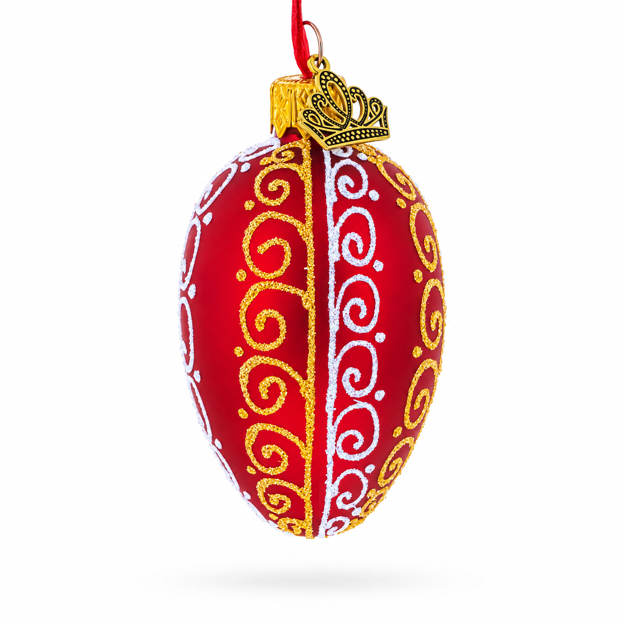 Red with Gold and White Swirl Design Mini Glass Egg Ornament 2.9 Inches