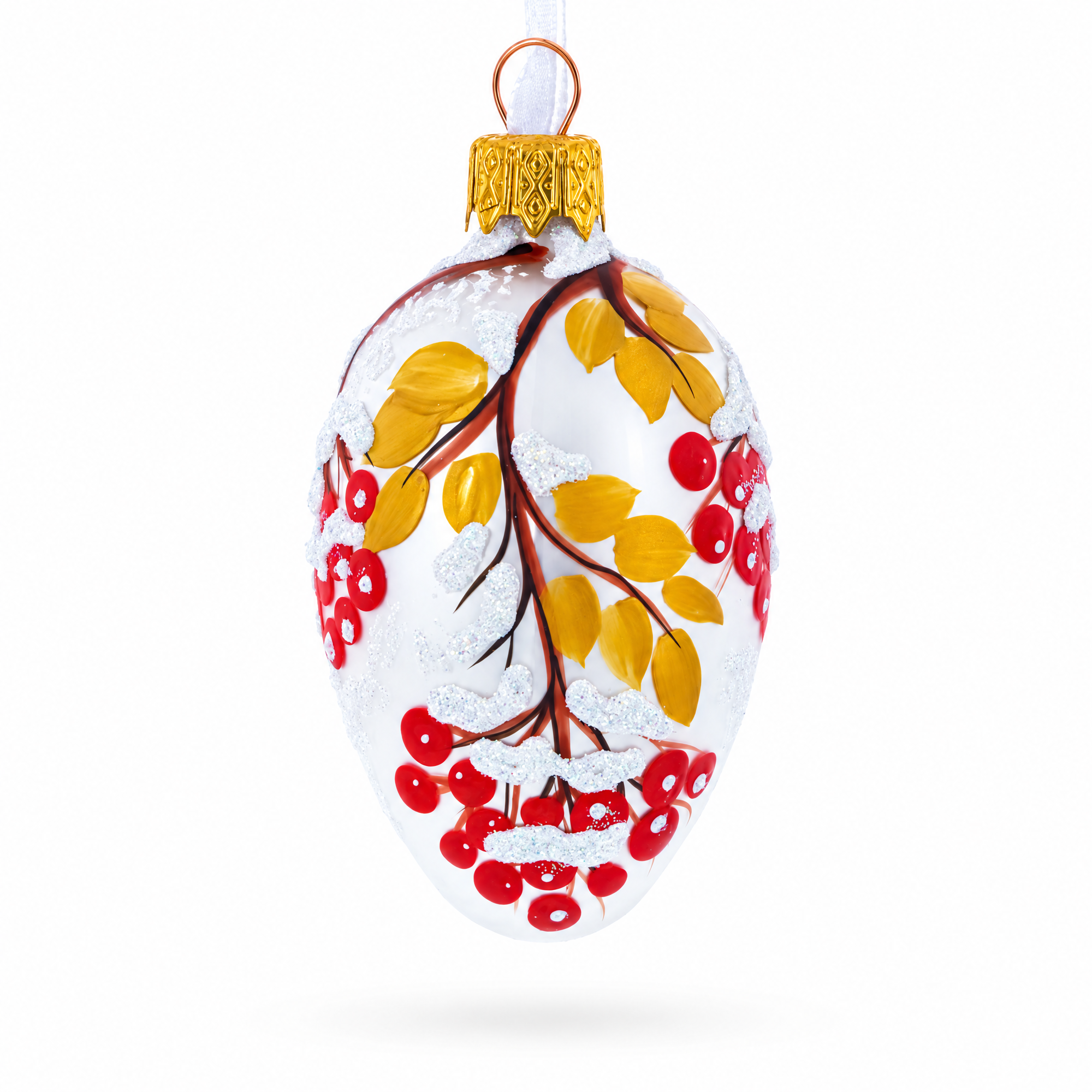 Frosted White with Red Berry and Snow-Covered Branch Design Mini Glass Egg Ornament 2.9 Inches