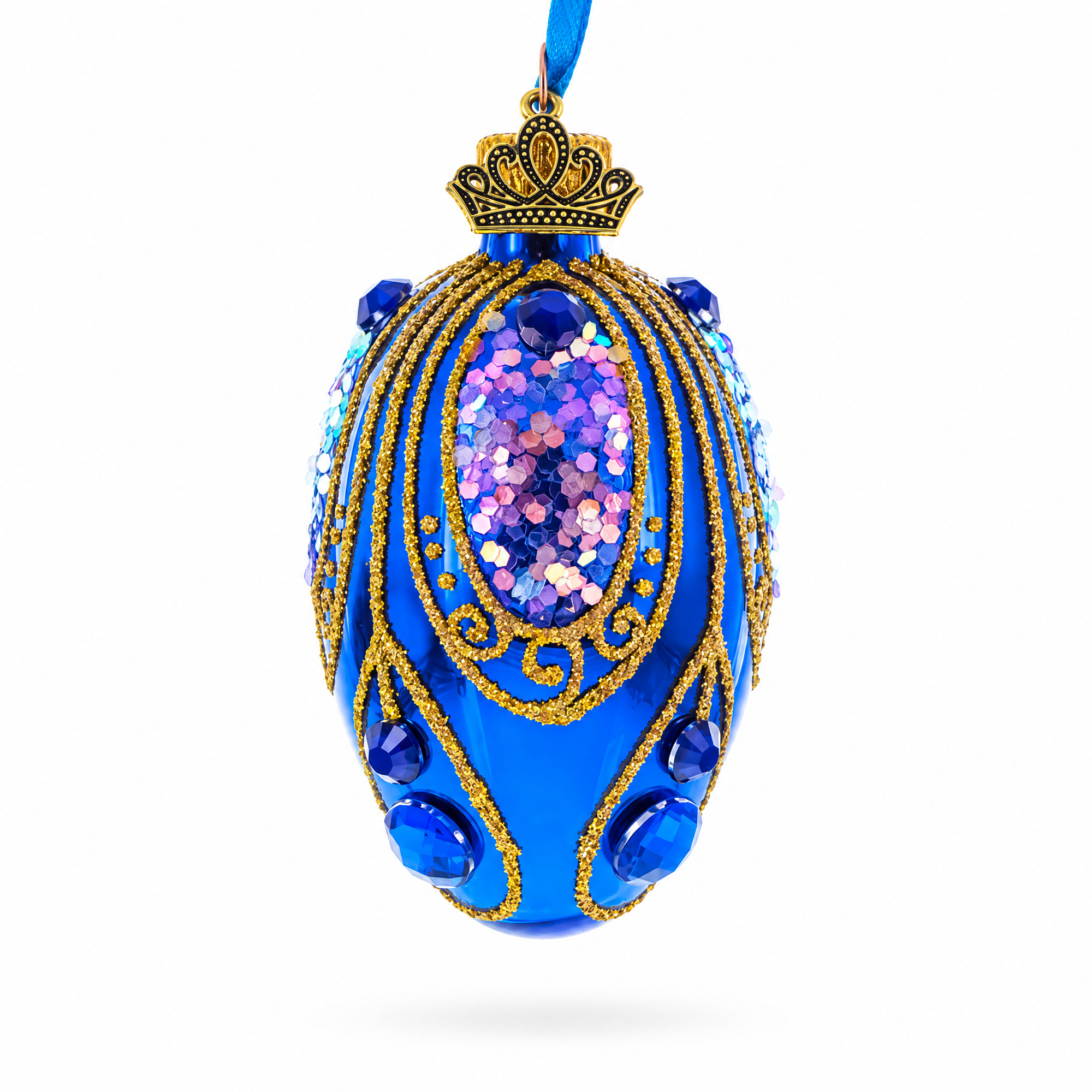 Royal Blue with Gold Glitter and Iridescent Sequins Mini Glass Egg Ornament 2.9 Inches
