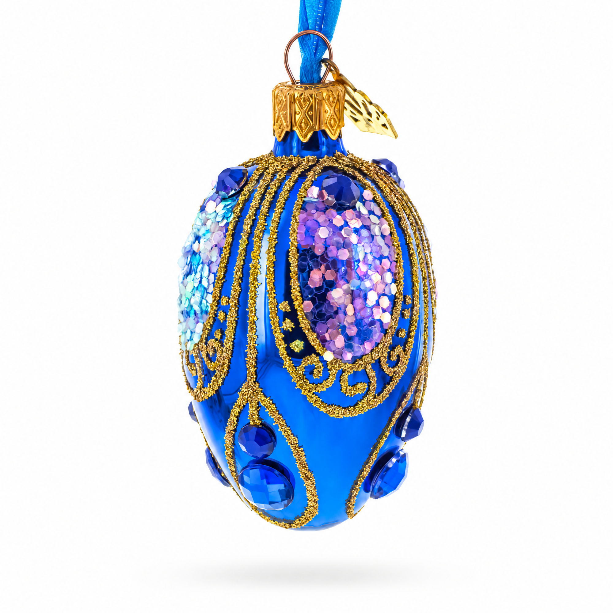 Royal Blue with Gold Glitter and Iridescent Sequins Mini Glass Egg Ornament 2.9 Inches