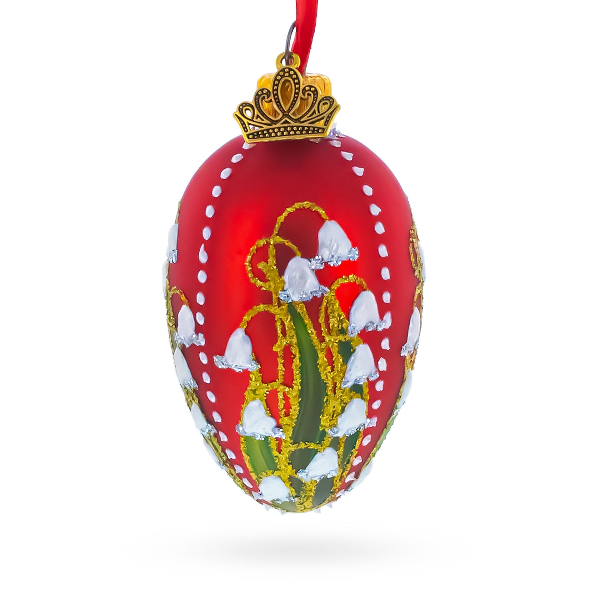 Lilies of the Valley Royal Mini Red Glass Egg Ornament 2.9 Inches