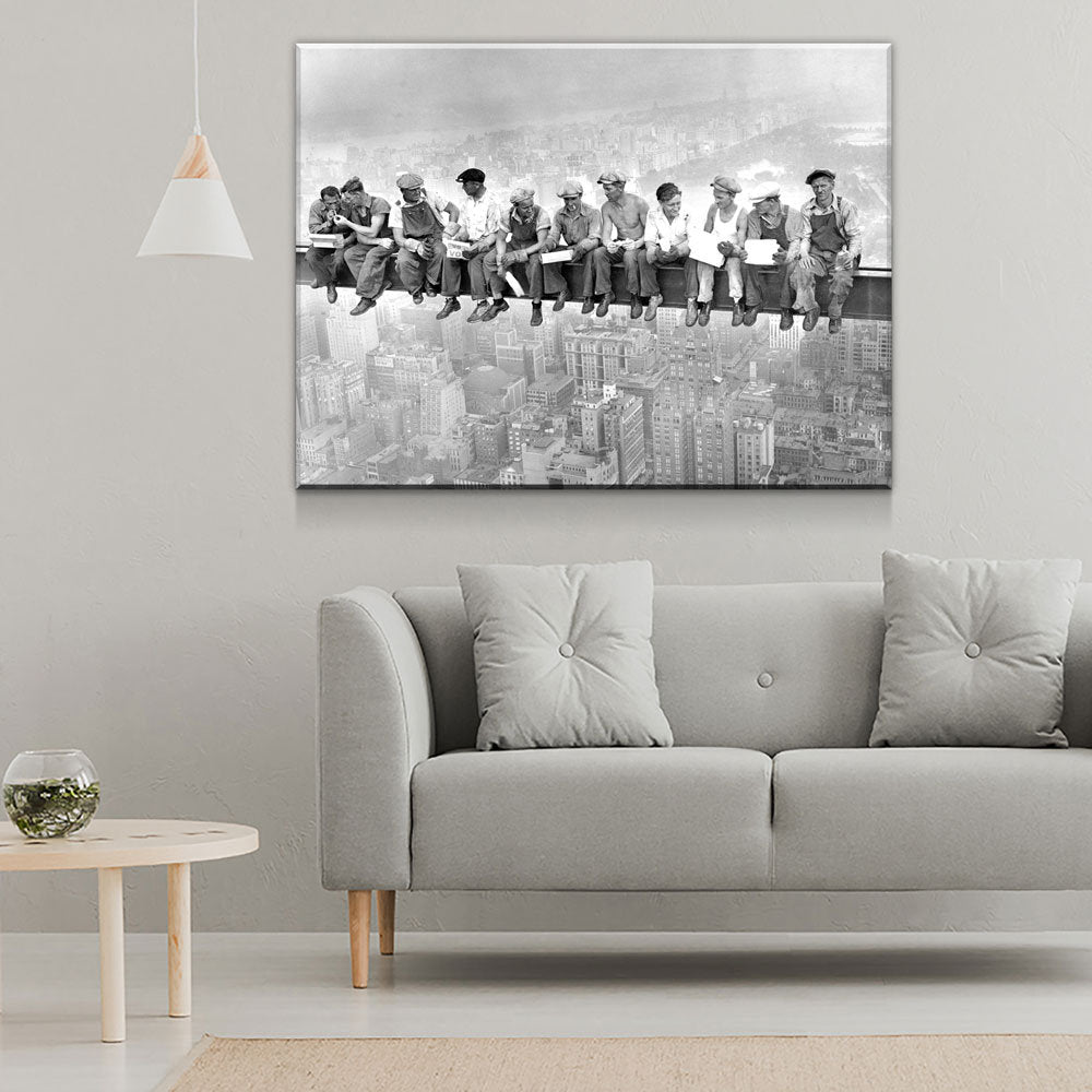 Lunch Atop Skyscraper, Steelworkers Classic Black White Canvas Wall Art, New York Iconic Construction Workers, Black White