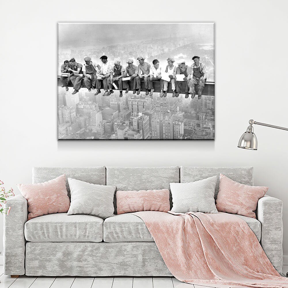 Lunch Atop Skyscraper, Steelworkers Classic Black White Canvas Wall Art, New York Iconic Construction Workers, Black White