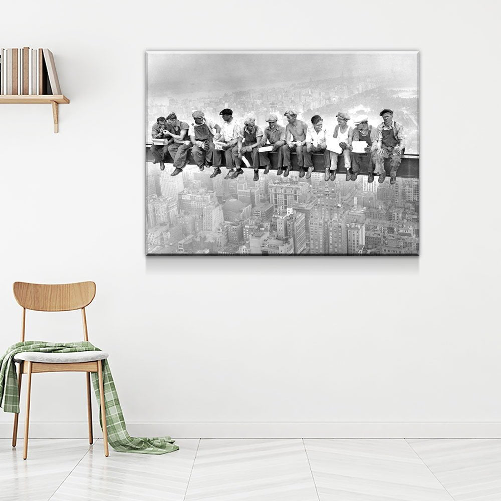 Lunch Atop Skyscraper, Steelworkers Classic Black White Canvas Wall Art, New York Iconic Construction Workers, Black White