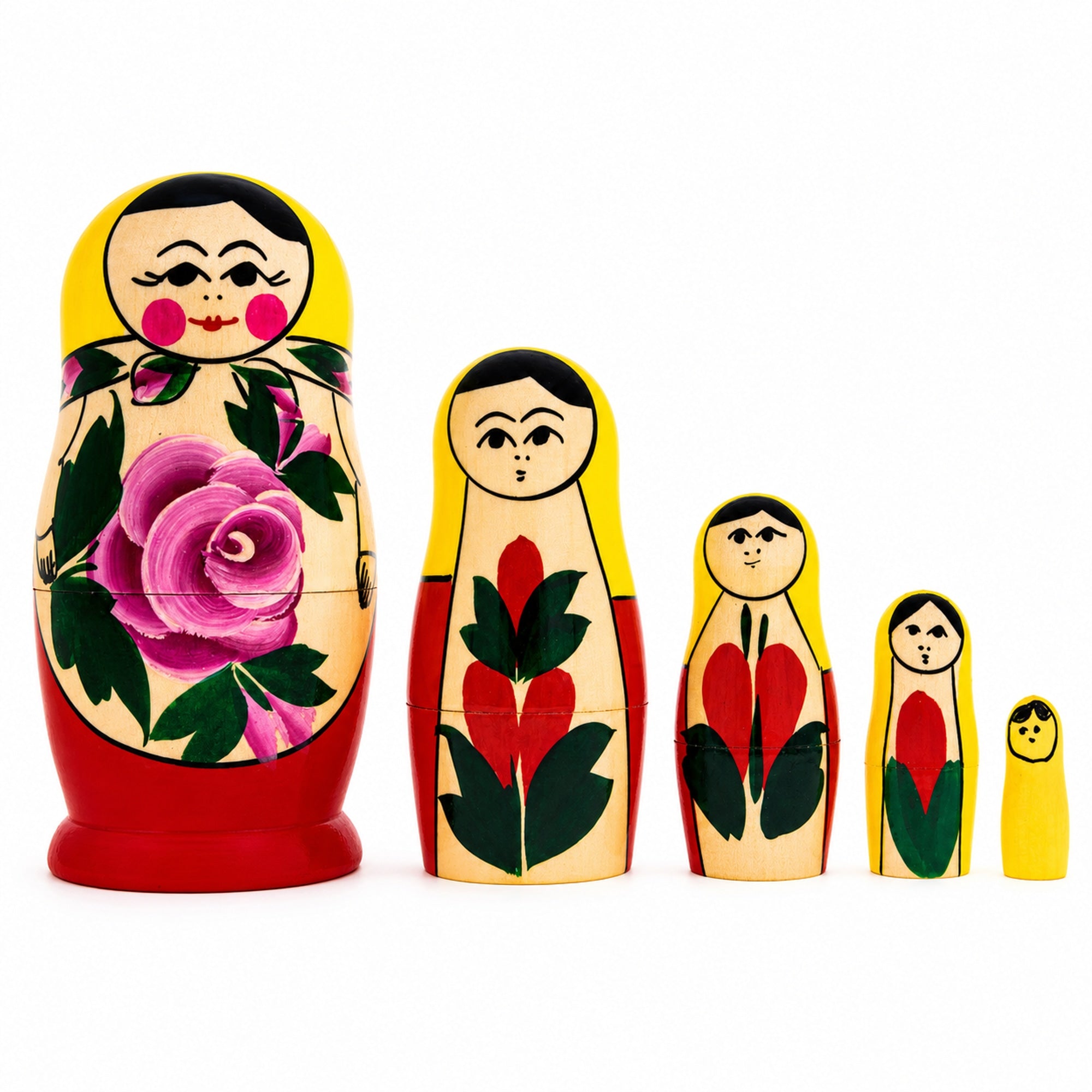 Wooden Semenov Yellow Gown Nesting Dolls - Magenta Rose Matryoshka 4.2 Inches