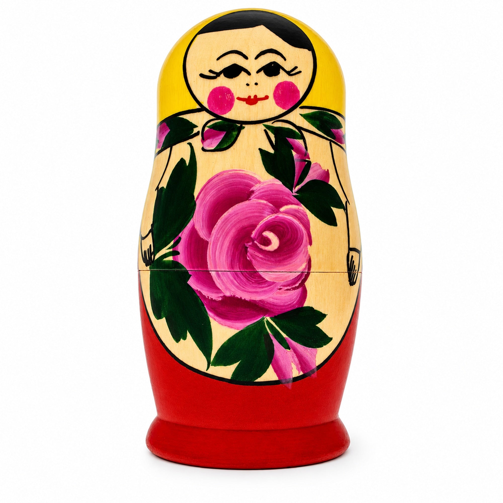 Wooden Semenov Yellow Gown Nesting Dolls - Magenta Rose Matryoshka 4.2 Inches