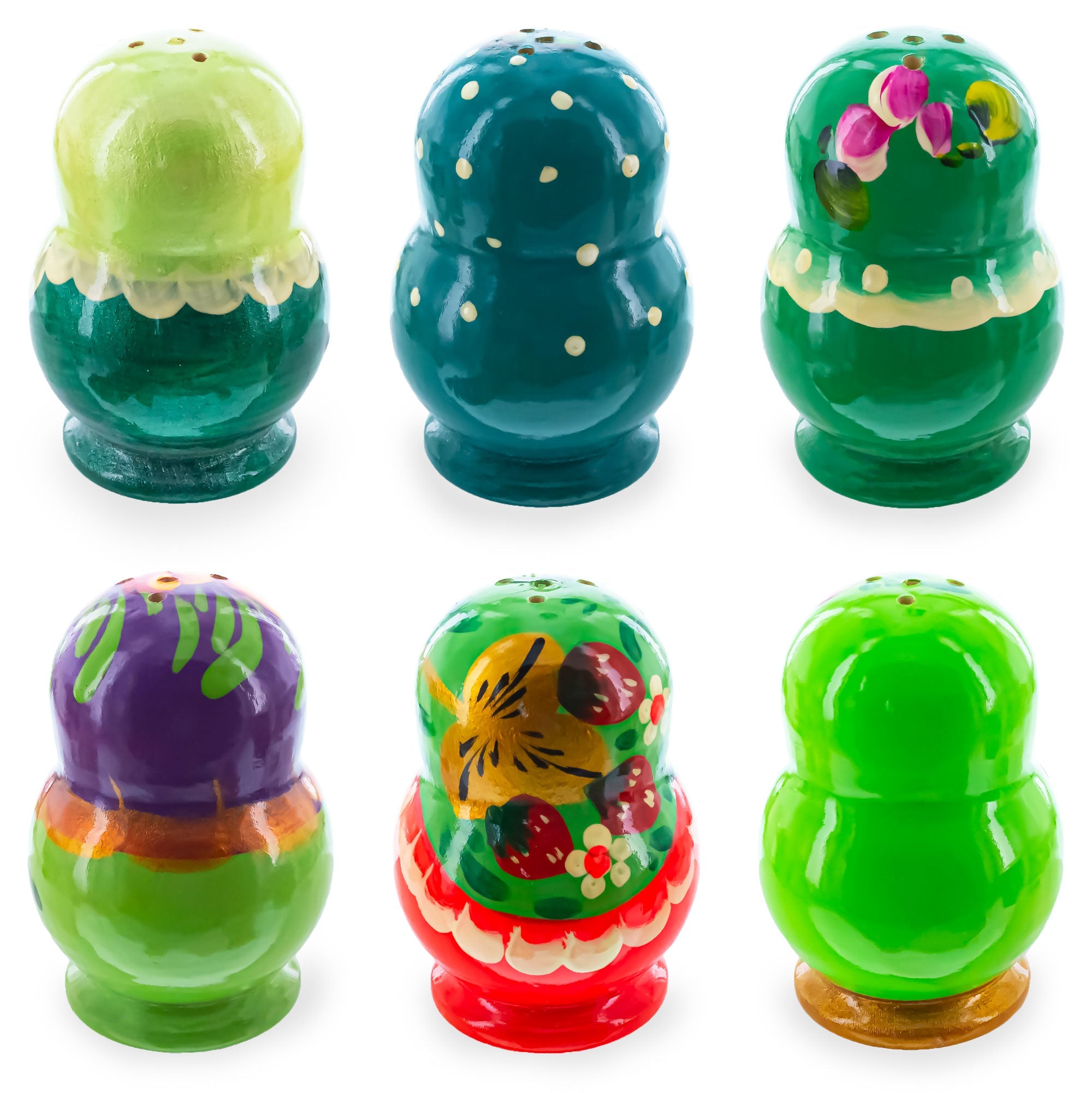 Set of 2 Wooden Floral Nesting Dolls - Green Matryoshka Salt Shakers