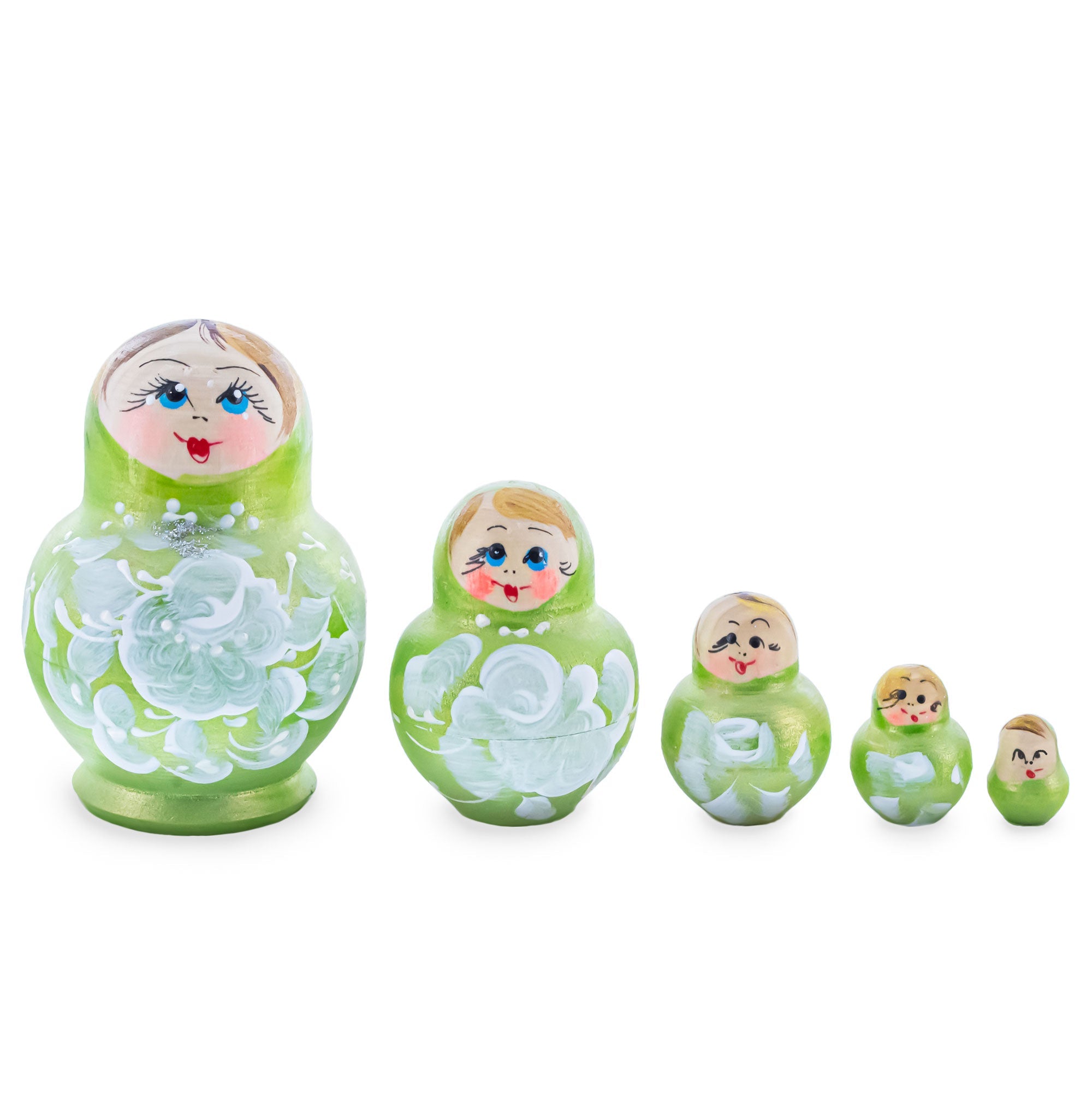 Wooden Green Floral Nesting Dolls - Lime Stacking Matryoshka 3.1 Inches