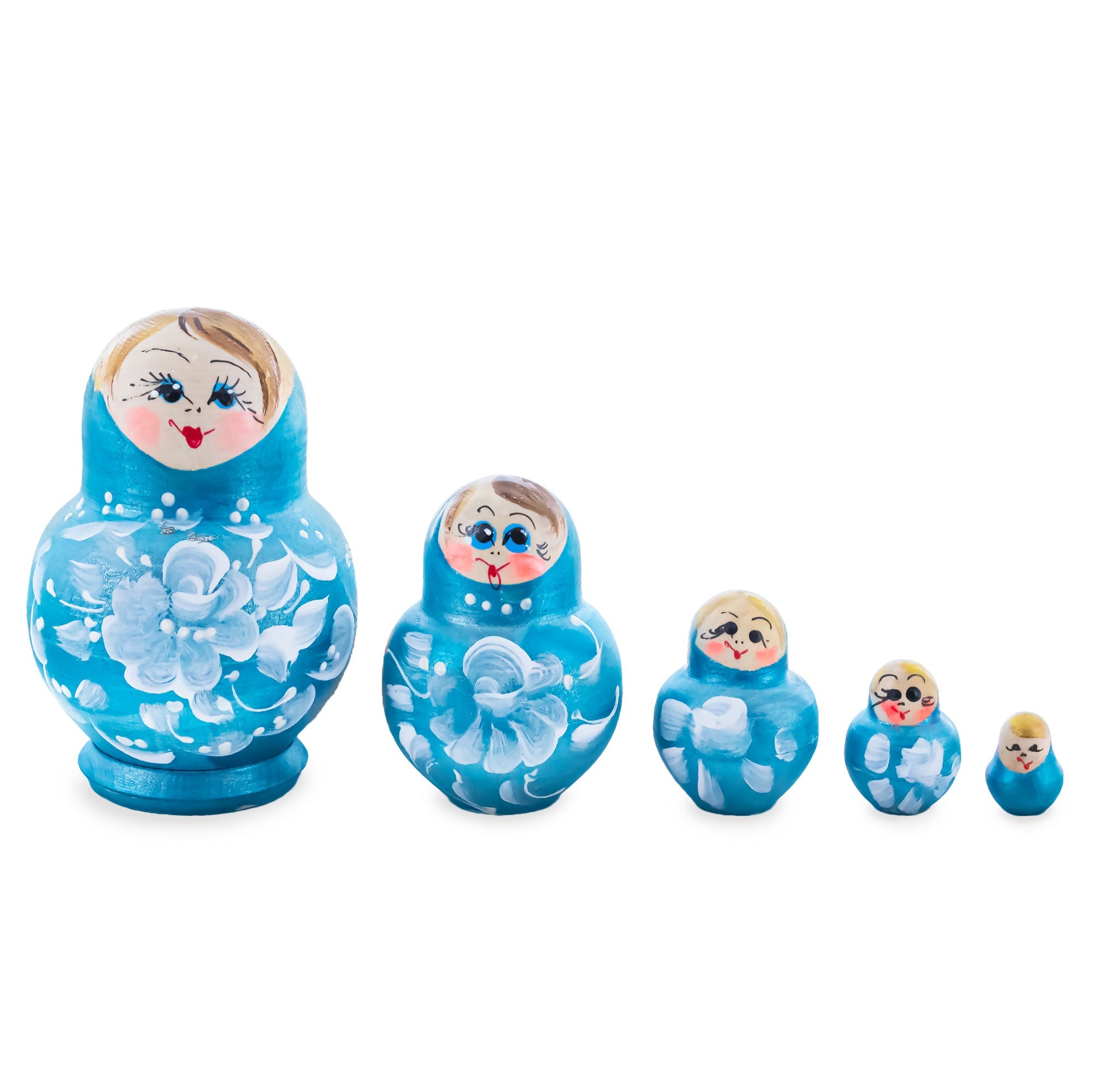 Wooden Turquoise Floral Nesting Dolls - Sky Blue Matryoshka 3.1 Inches
