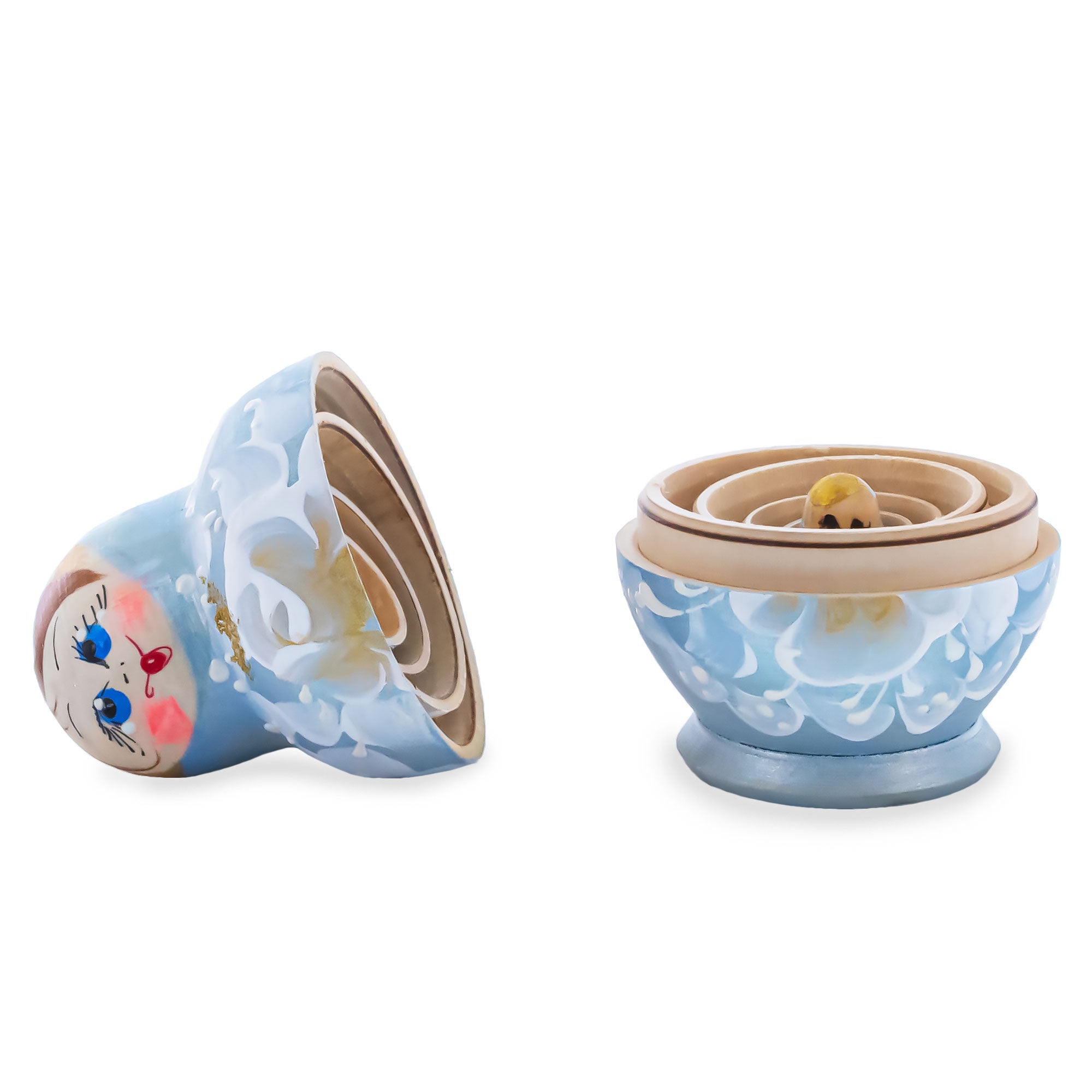 Wooden Icy Blue Winter Floral Nesting Dolls - Stacking Matryoshka 3.1 Inches