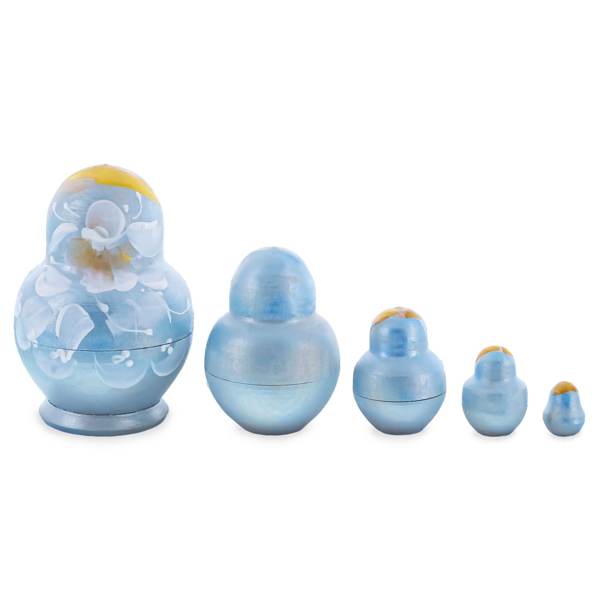 Light Blue Color with White Flowers Wooden  Nesting Dolls