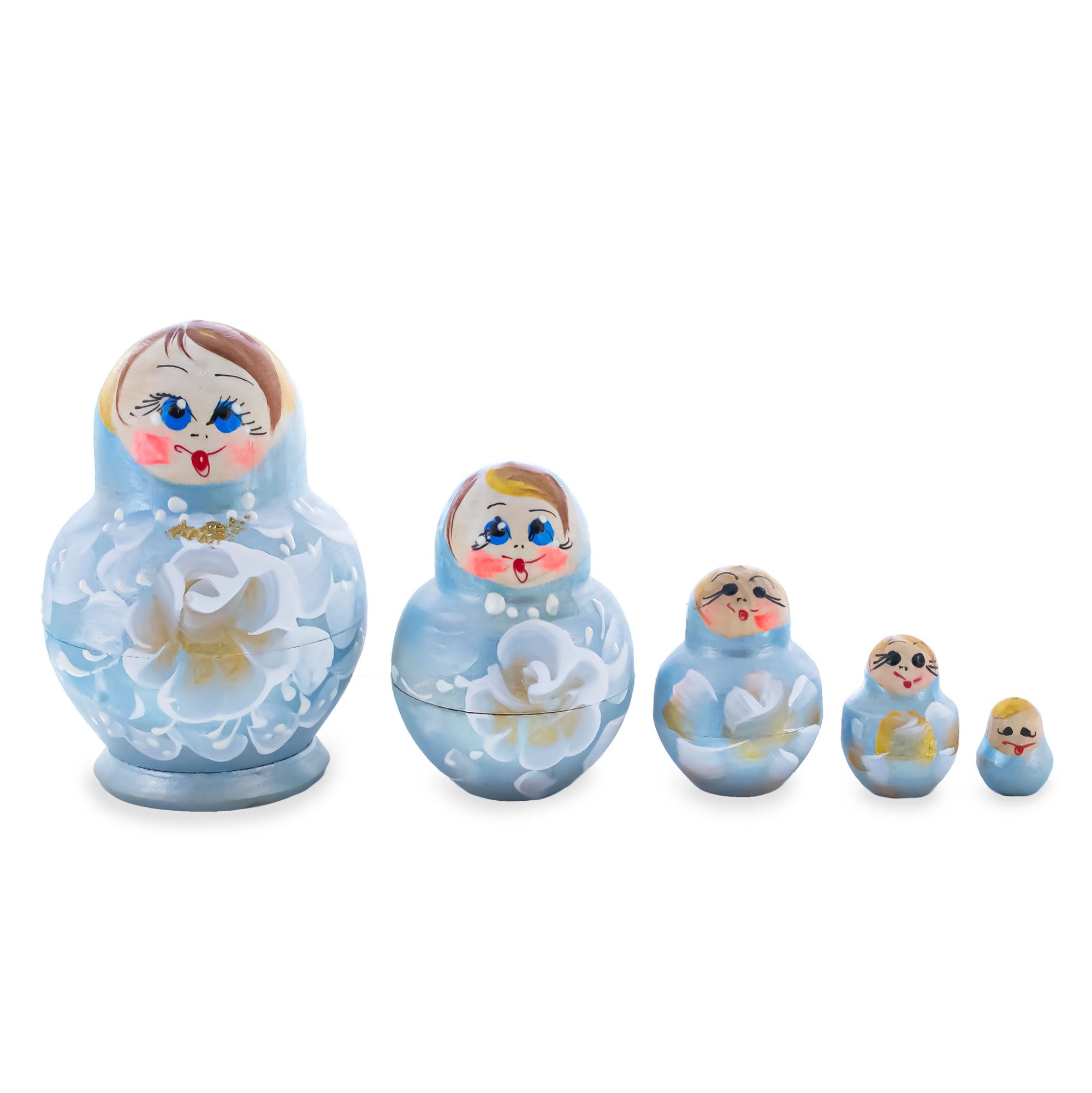 Wooden Icy Blue Winter Floral Nesting Dolls - Stacking Matryoshka 3.1 Inches