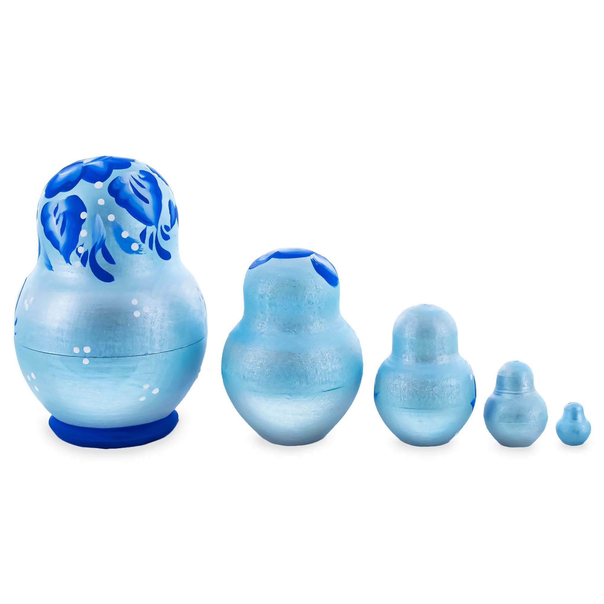 Wooden Gzhel Floral Nesting Dolls - Blue Stacking Matryoshka 3.1 Inches