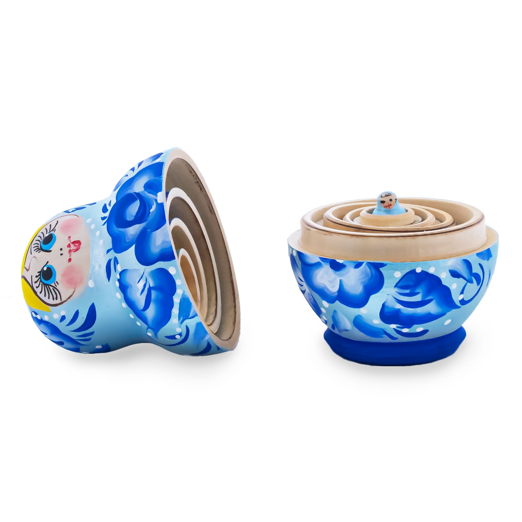 Wooden Gzhel Floral Nesting Dolls - Blue Stacking Matryoshka 3.1 Inches