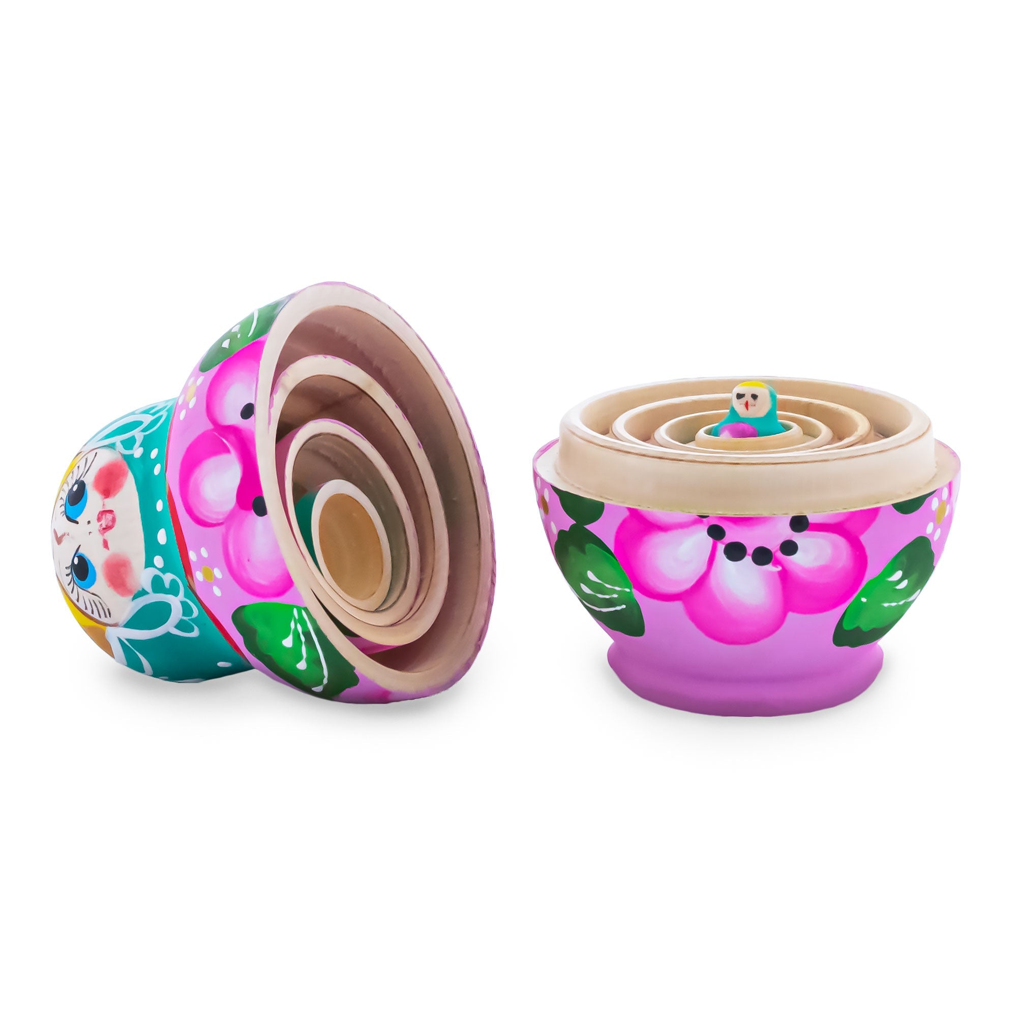 Green Hood with Pink Flower Pink Wooden  Nesting Dolls