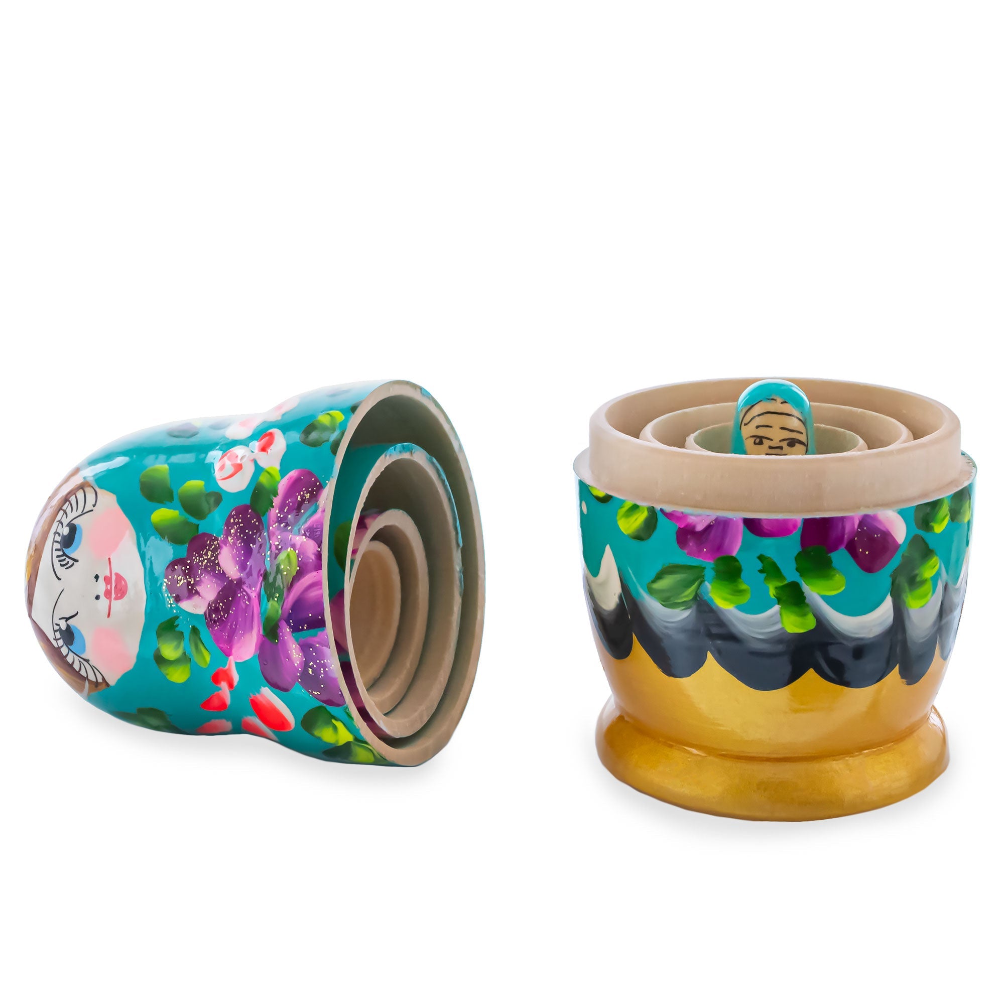 Green Hood with Purple and Orange Flowers Wooden  Nesting Dolls