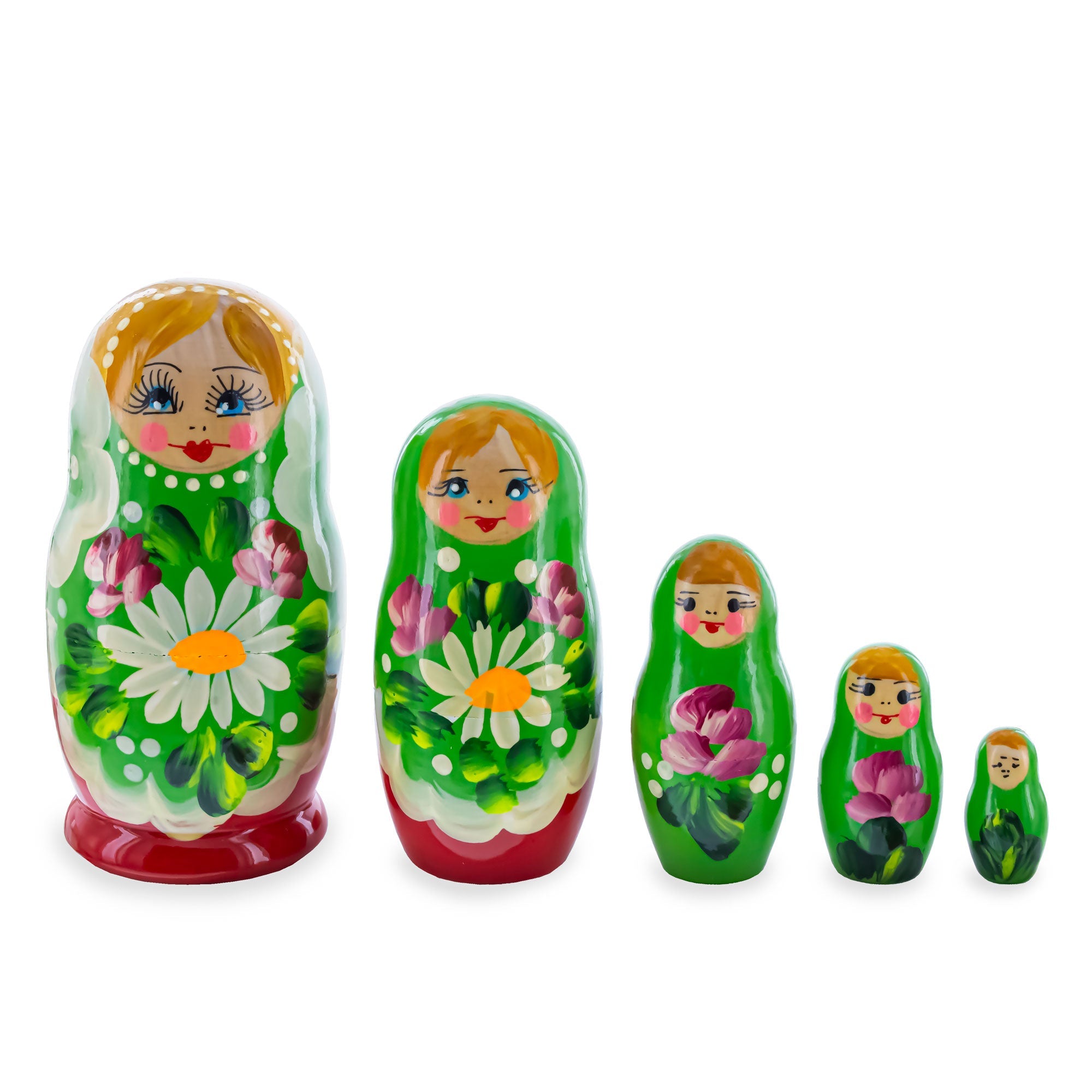 Green Hood with Gold Flowers and Berries Wooden  Nesting Dolls