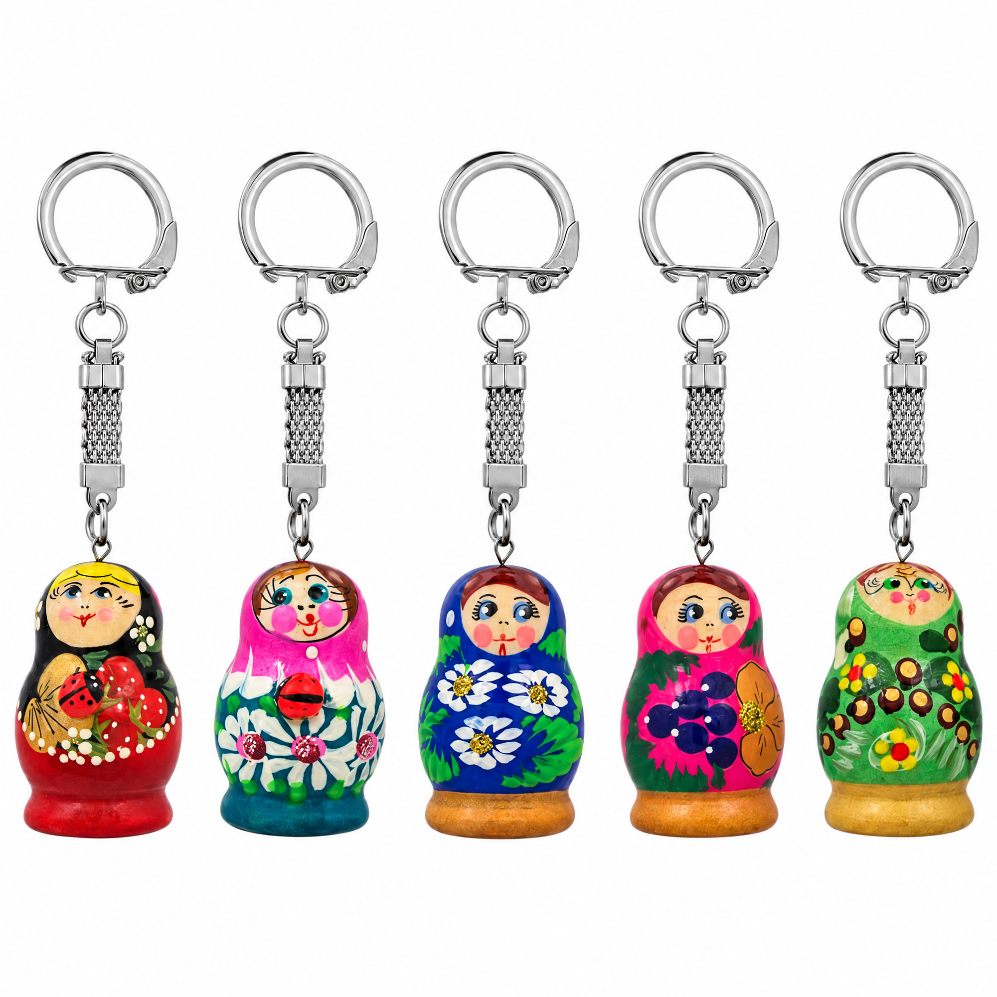Set of 5 Wooden Nesting Doll Keychains - Matryoshka Charm Pack 1.75 Inches