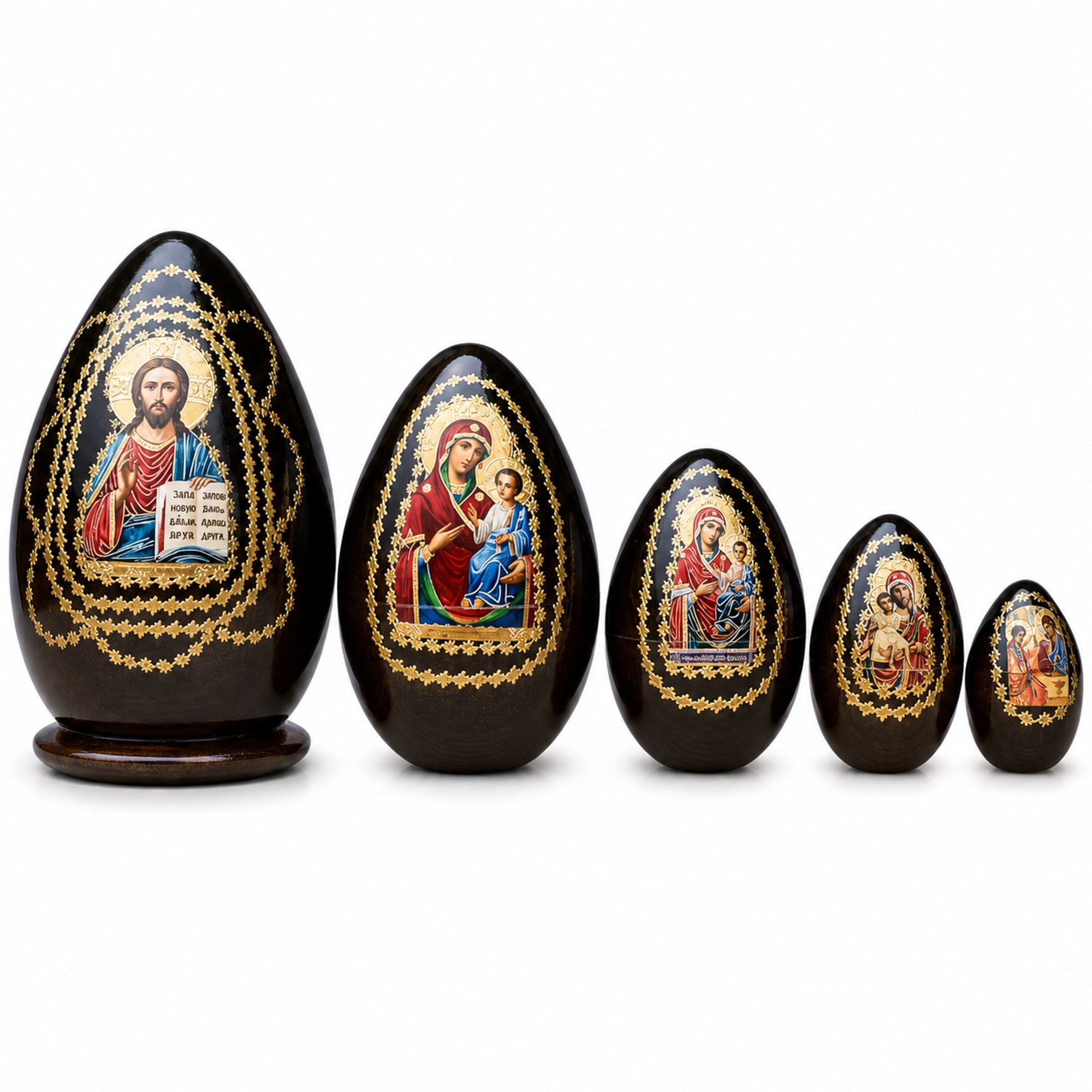 Set of 5 Orthodox Icons Egg Shape Wooden Nesting Dolls 6.5 Inches