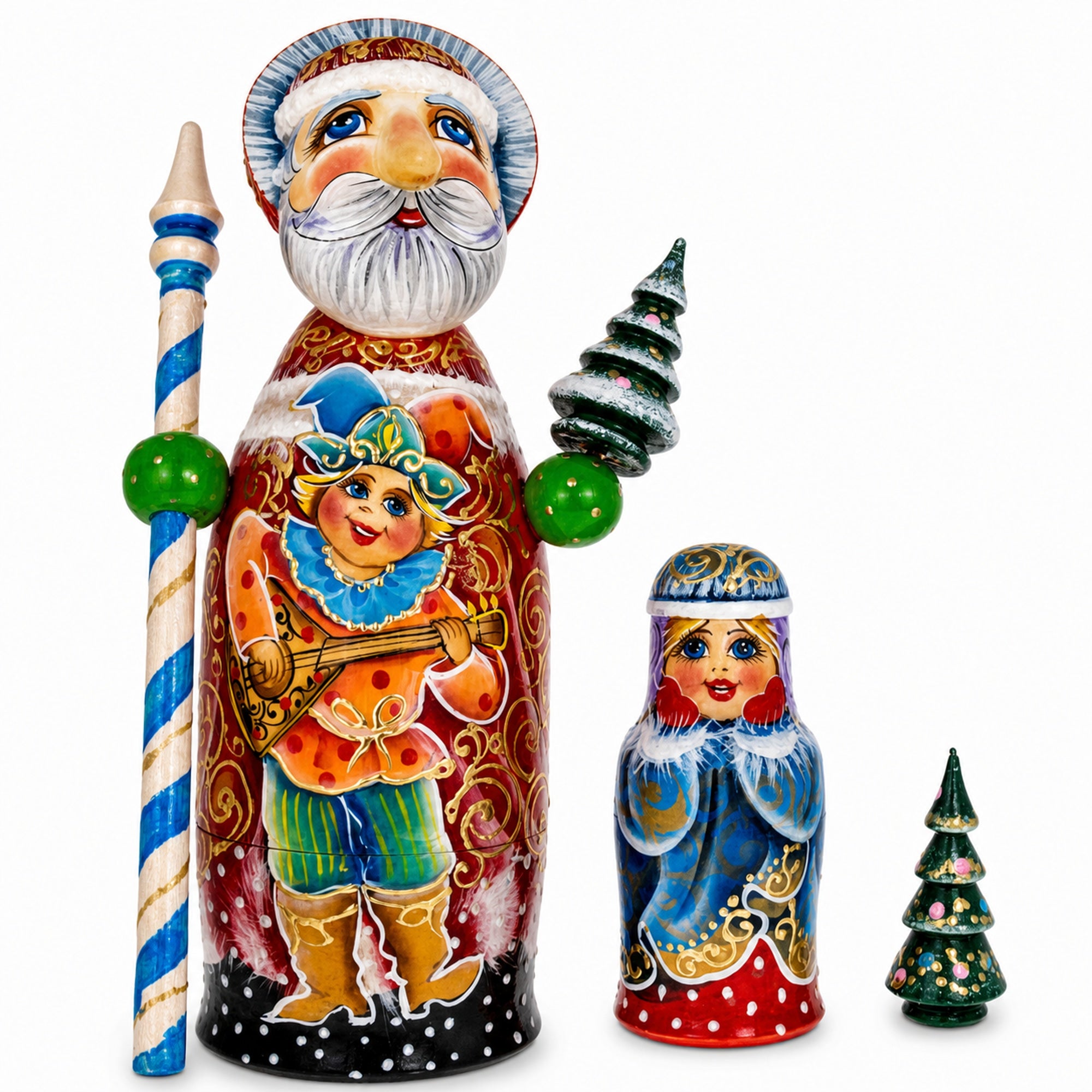 Hand Carved Solid Wood Santa Did Moroz Nesting Dolls 9.5 Inches