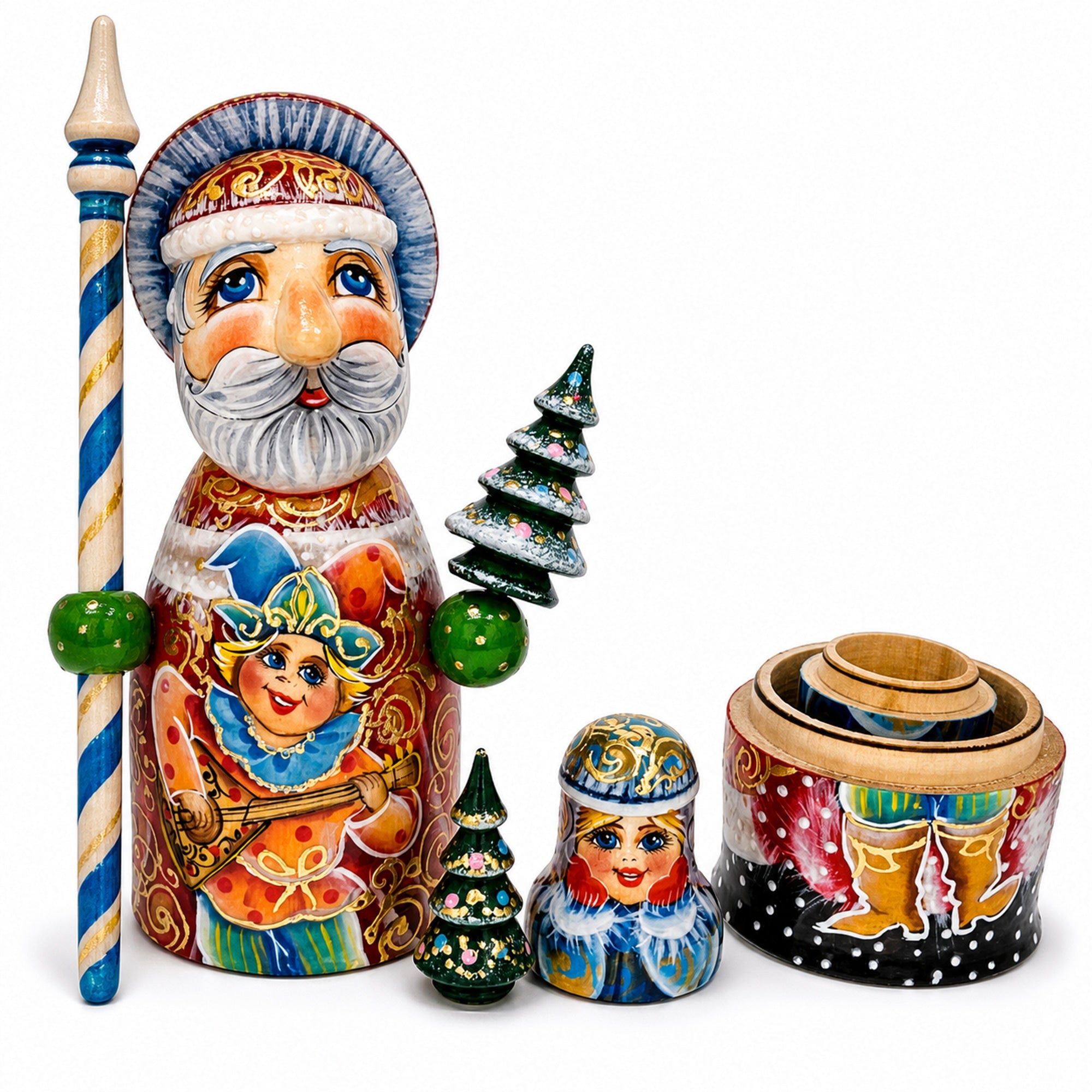 Hand Carved Solid Wood Santa Did Moroz Nesting Dolls 9.5 Inches