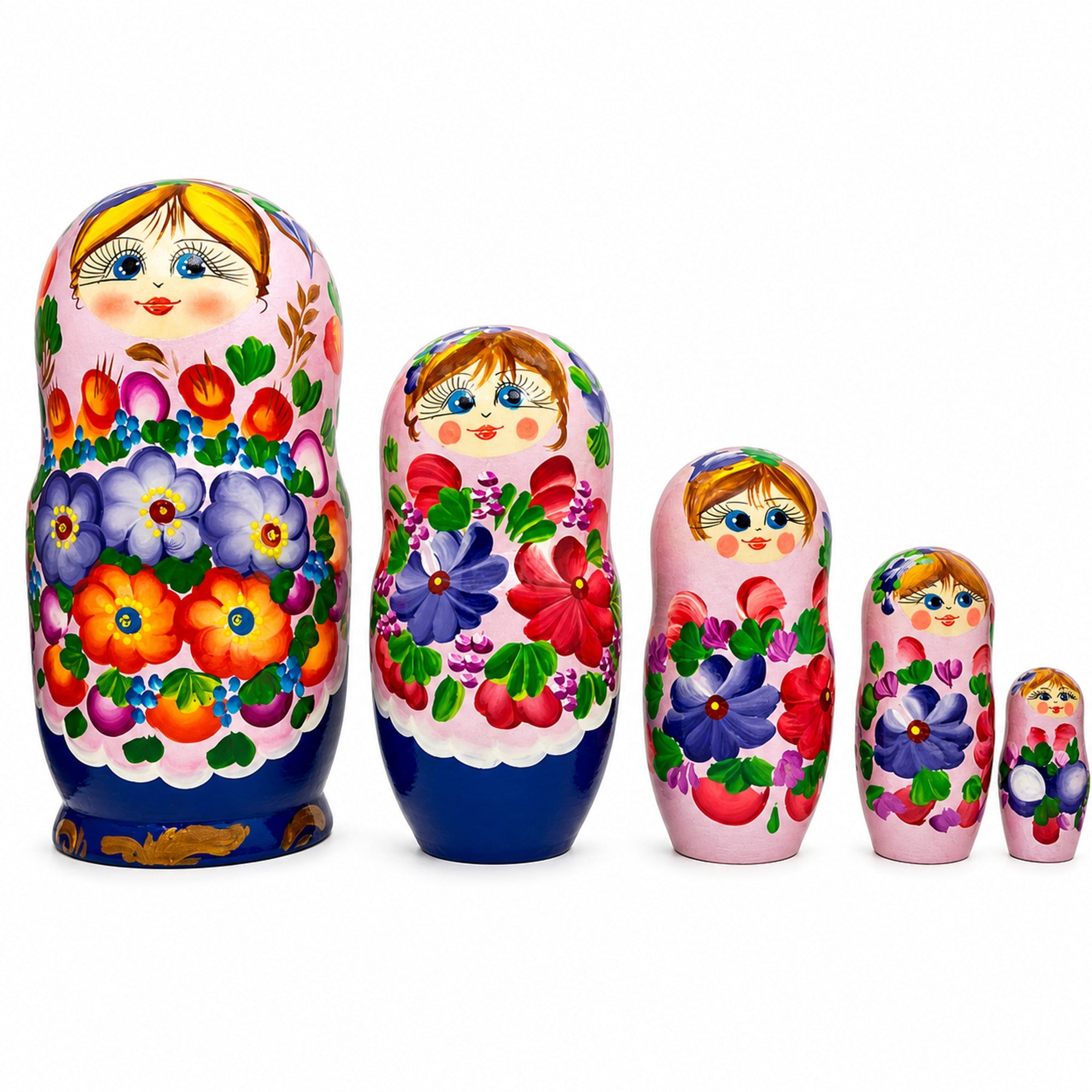 Flowers on Pink Dress Wooden  Nesting Dolls 7.25 Inches