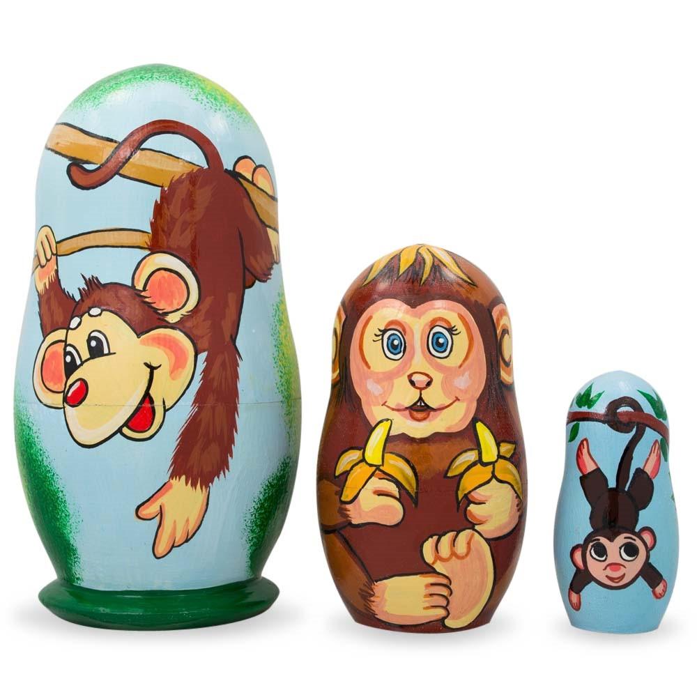 Set of 3 Smiling Monkeys Wooden Nesting Figurines 4.25 Inches