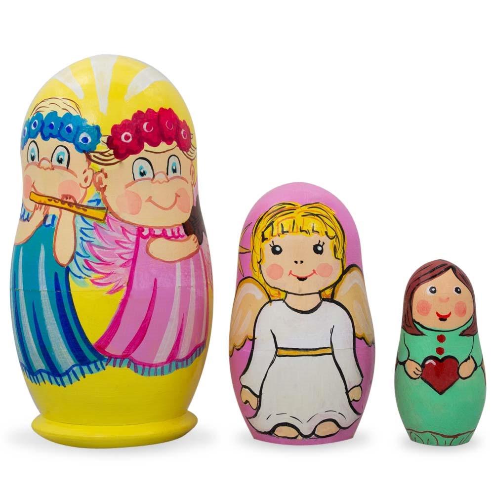 Set of 3 Guardian Angels with Flute, Heart Wooden Nesting Figurines 4.25 Inches