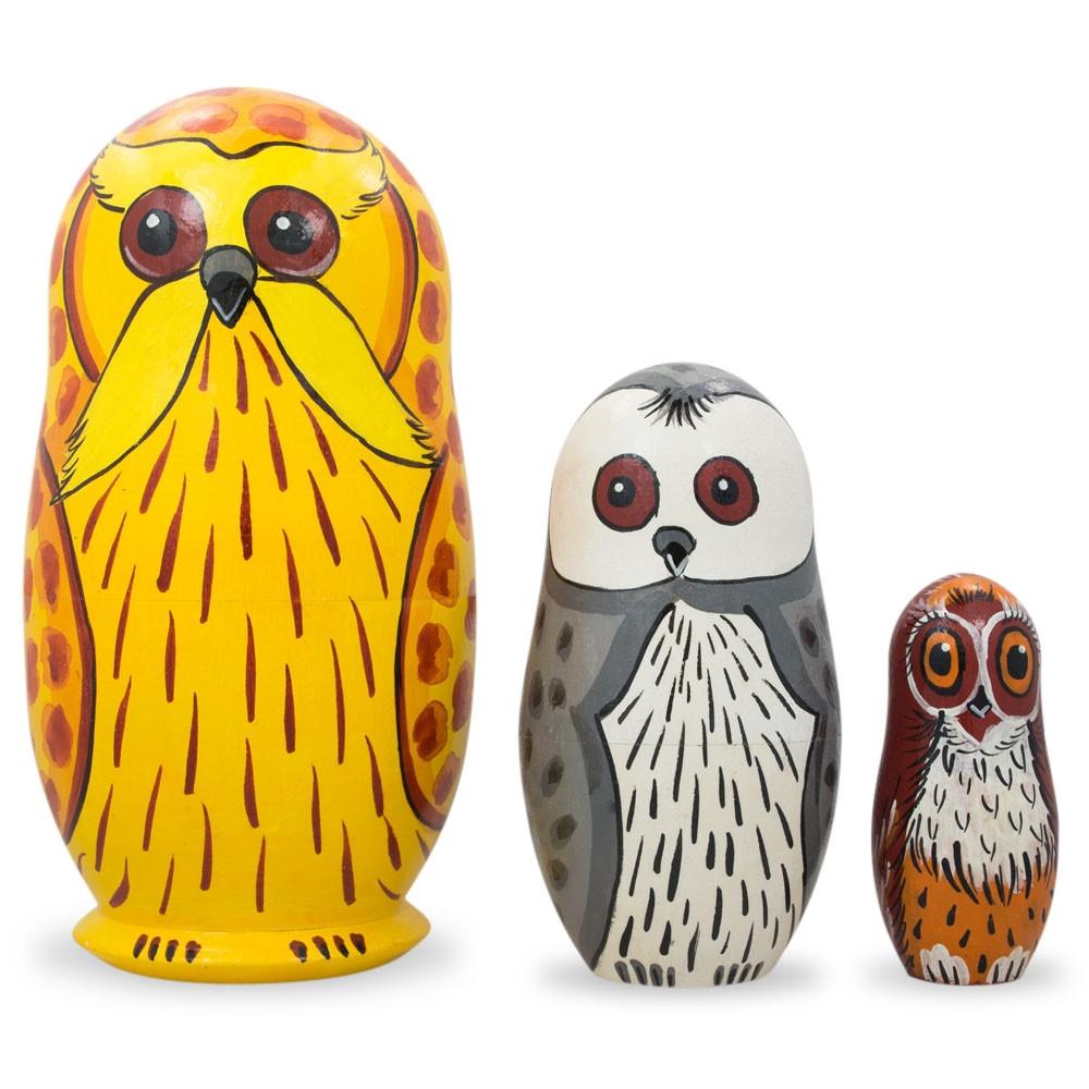 Set of 3 Owls Wooden Nesting Figurines 4.25 Inches
