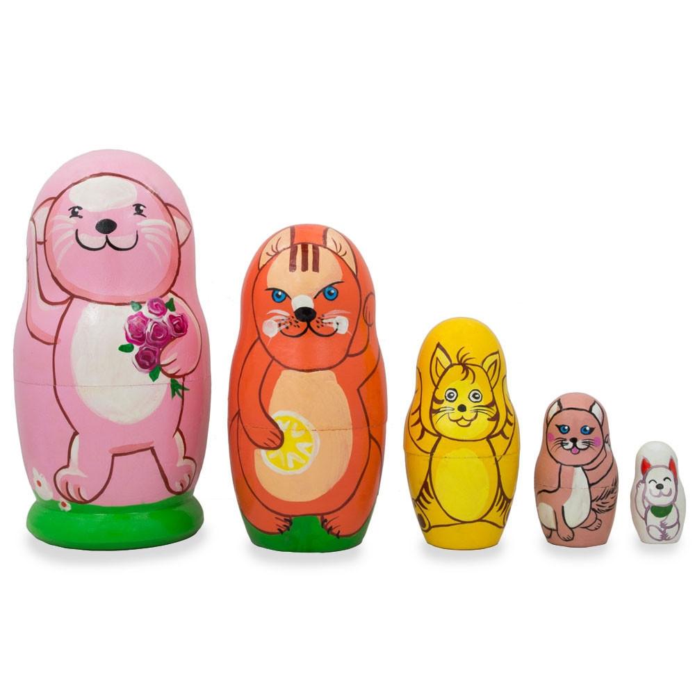 Set of 5 Cats and Kitties Wooden Nesting Figurines 4.25 Inches