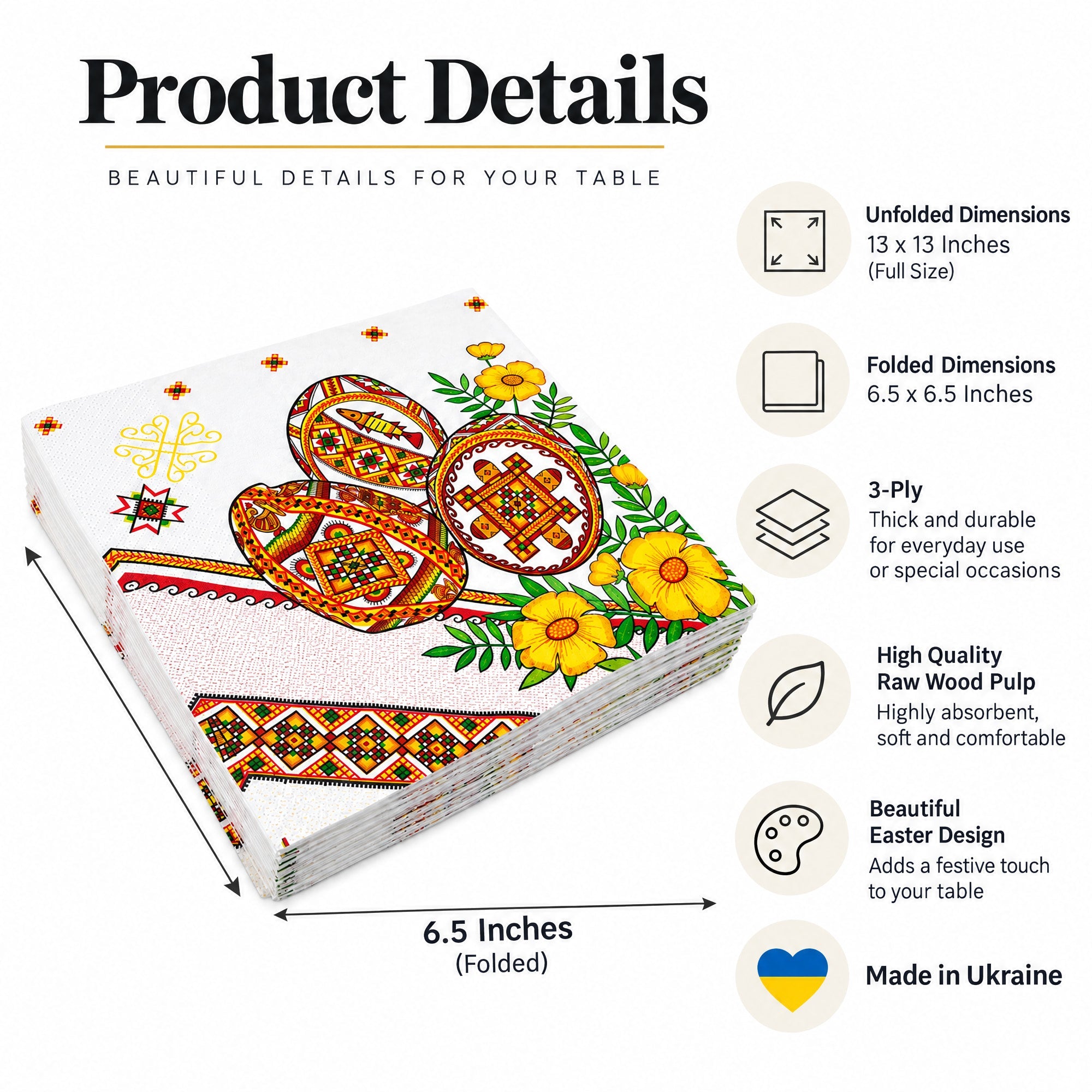 20 Pack of Ukrainian Paper Napkins 3-ply Easter Eggs Pysanky - Folded 6.5 x 6.5 Inches