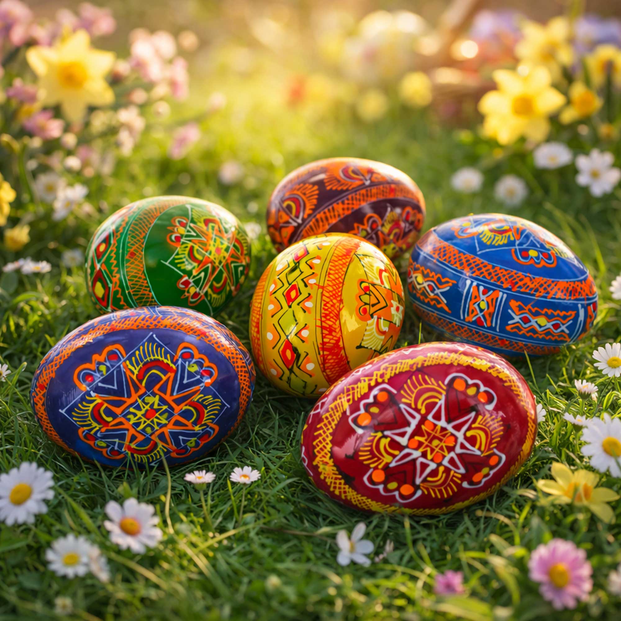 Set of 6 Folk Art Patterns Wooden Ukrainian Easter Eggs 2.5 Inches
