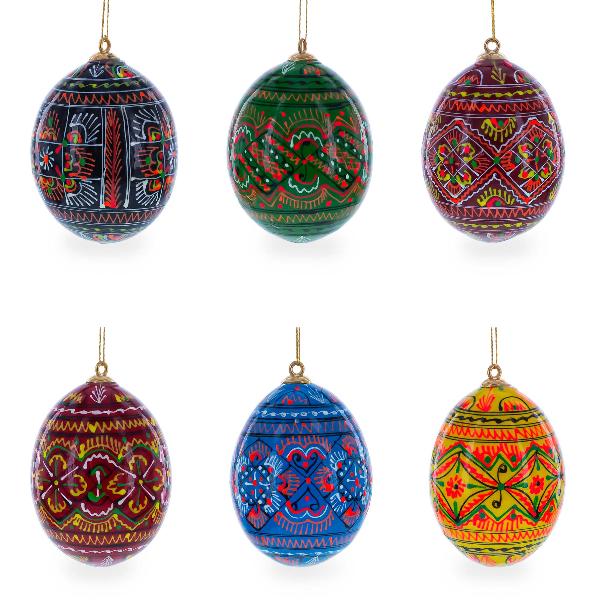 Set of 6 Ukrainian Geometric Wooden Pysanky Easter Eggs Ornaments