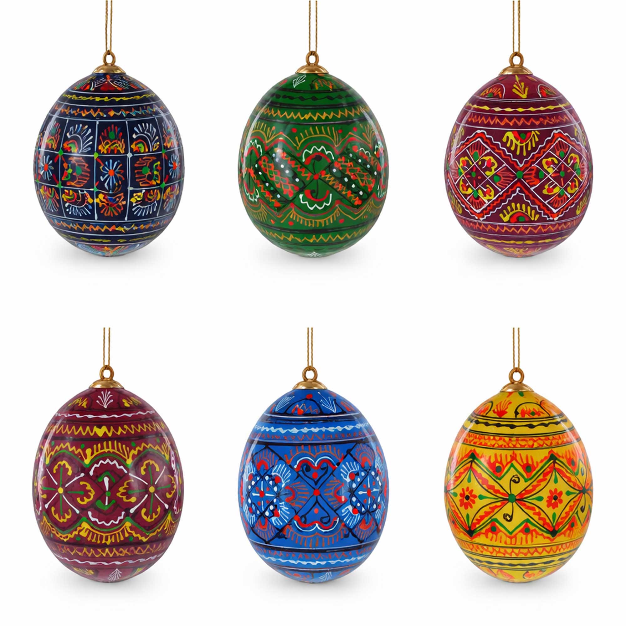Set of 6 Ukrainian Geometric Wooden Pysanky Easter Eggs Ornaments