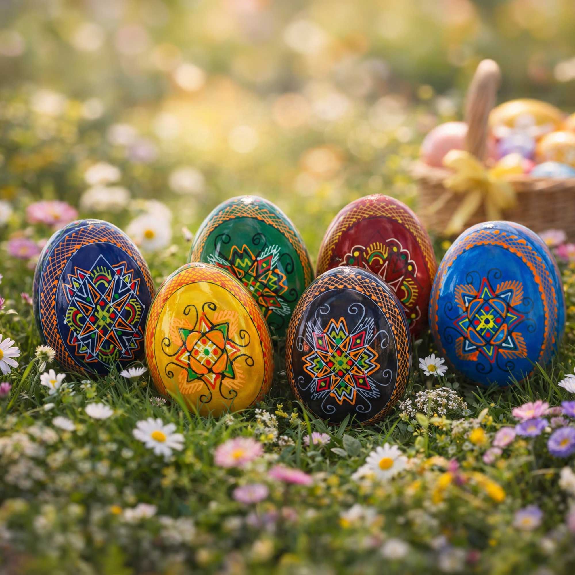 Set of 6 Multicolor Ukrainian Pysanky Wooden Easter Eggs 2.5 Inches