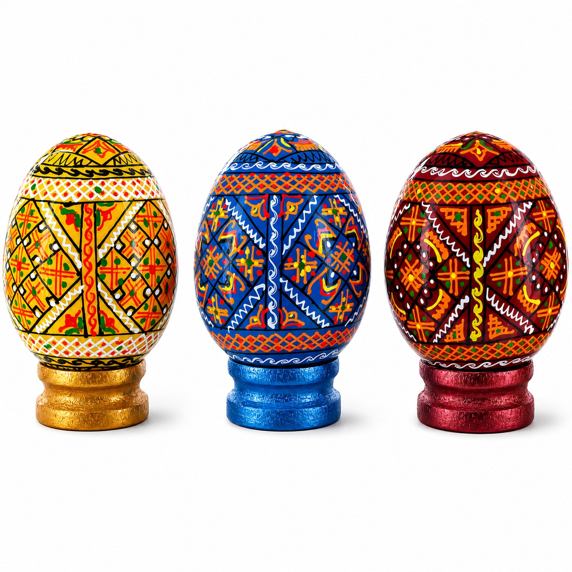 Set of 3 Colorful Geometric Ukrainian Pysanky Wooden Easter Eggs with Stands