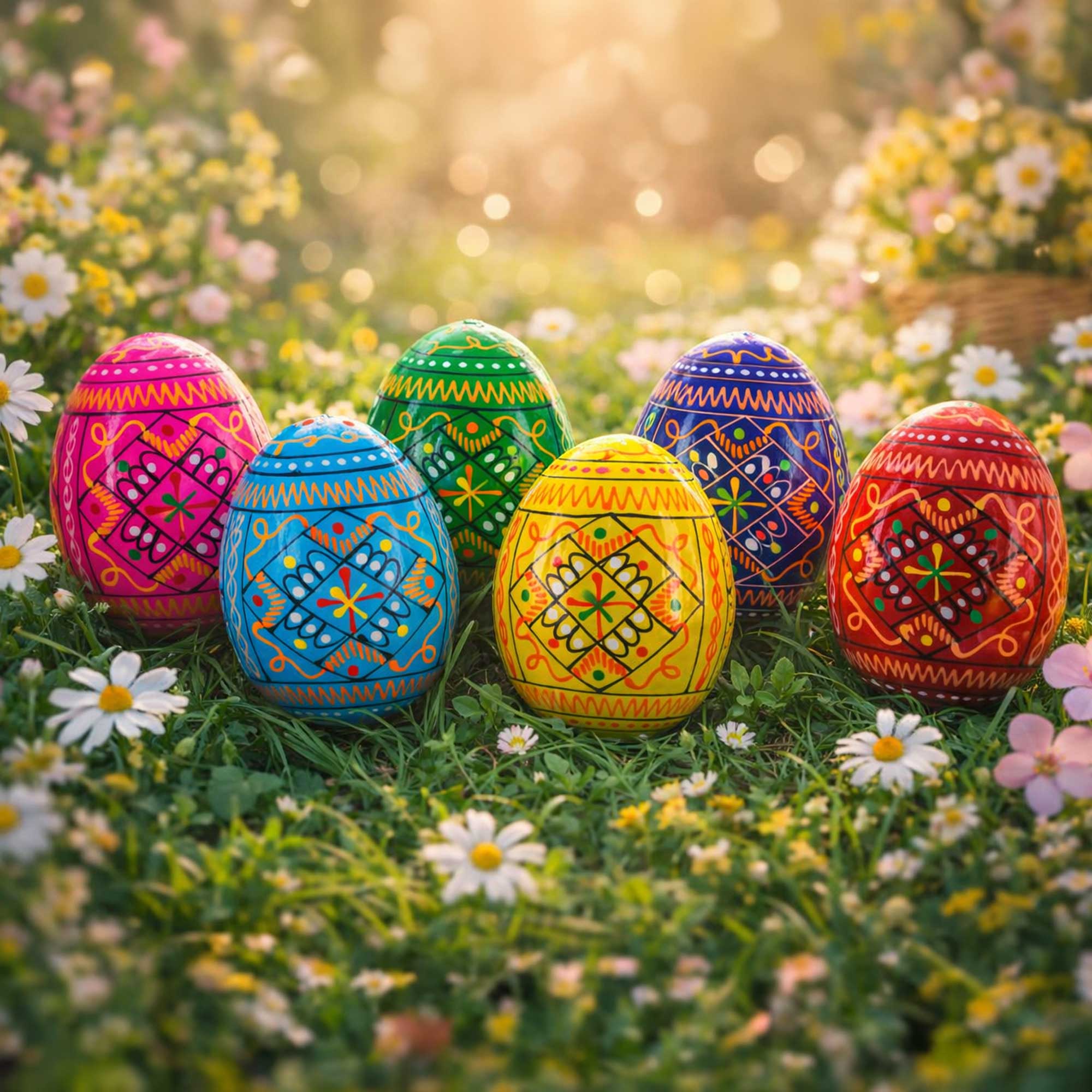 Set of 6 Ukrainian Geometric Wooden Easter Eggs 2.5 Inches