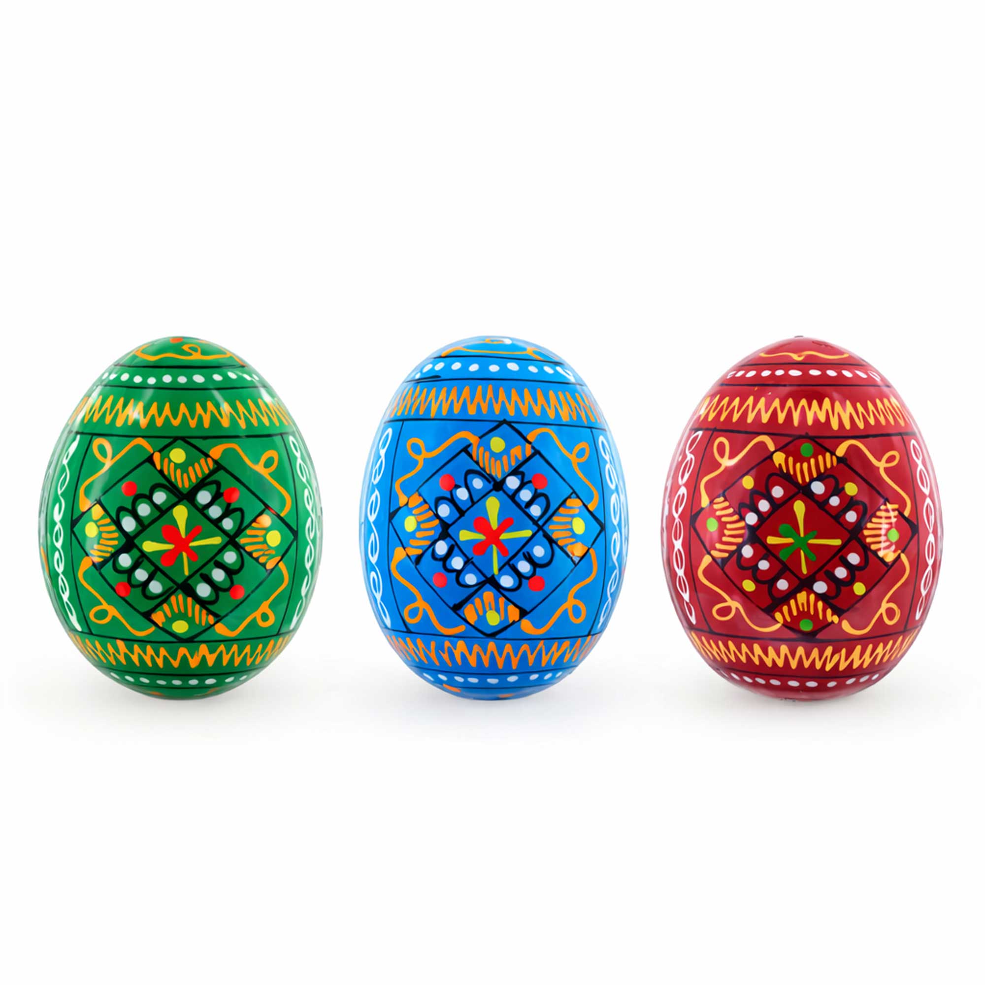 Set of 3 Vibrant Geometric Ukrainian Pysanky Wooden Easter Eggs 2.5 Inches