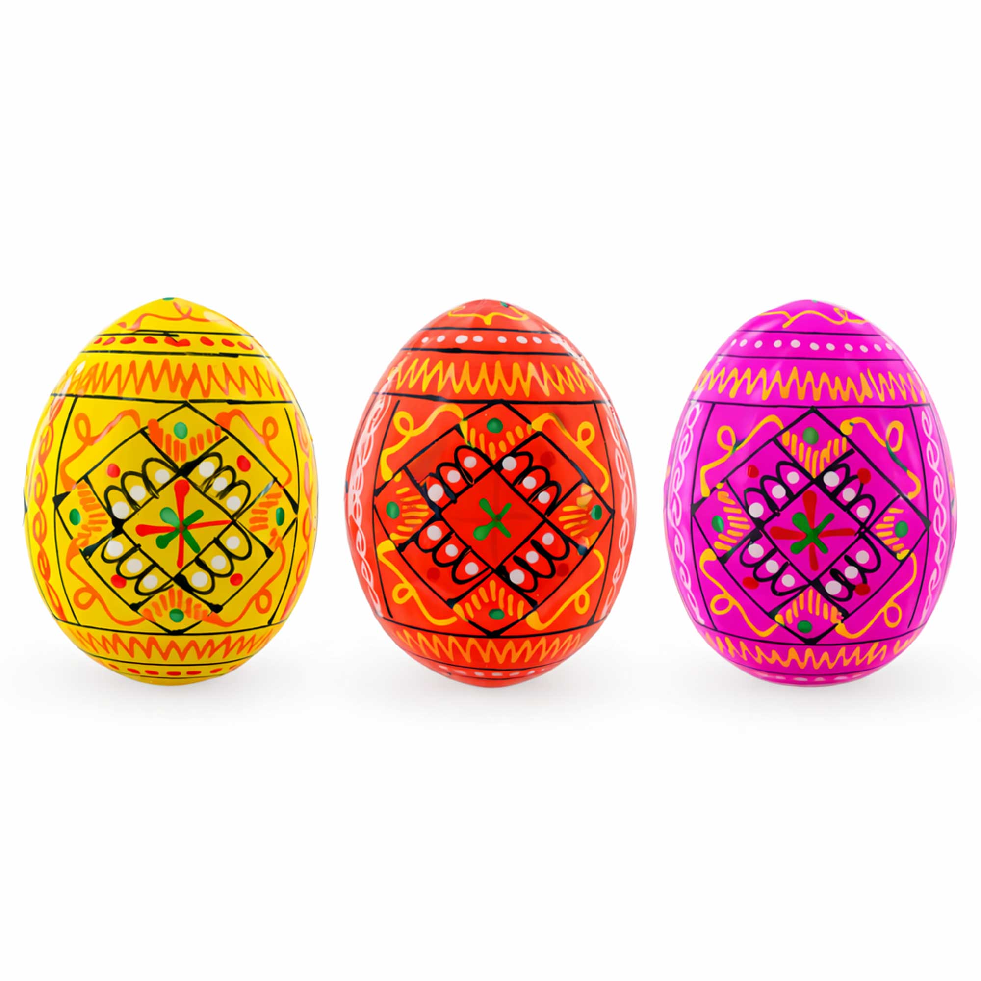 Set of 3 Yellow, Pink, Orange Geometric Ukrainian Pysanky Wooden Easter Eggs 2.5 Inches