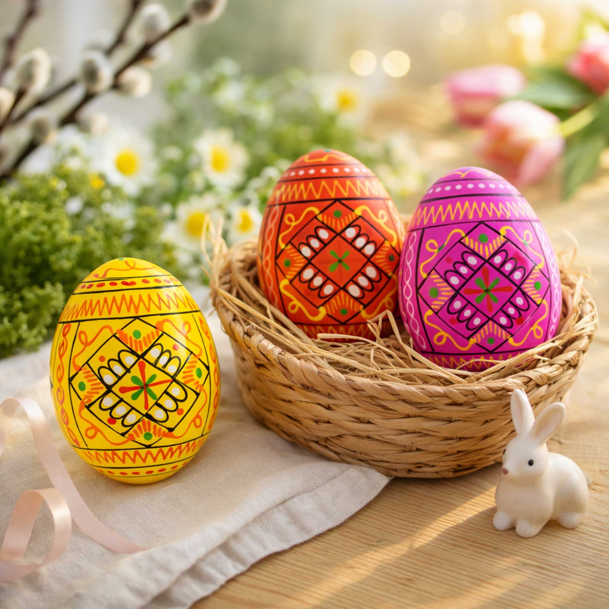 Set of 3 Yellow, Pink, Orange Geometric Ukrainian Pysanky Wooden Easter Eggs 2.5 Inches